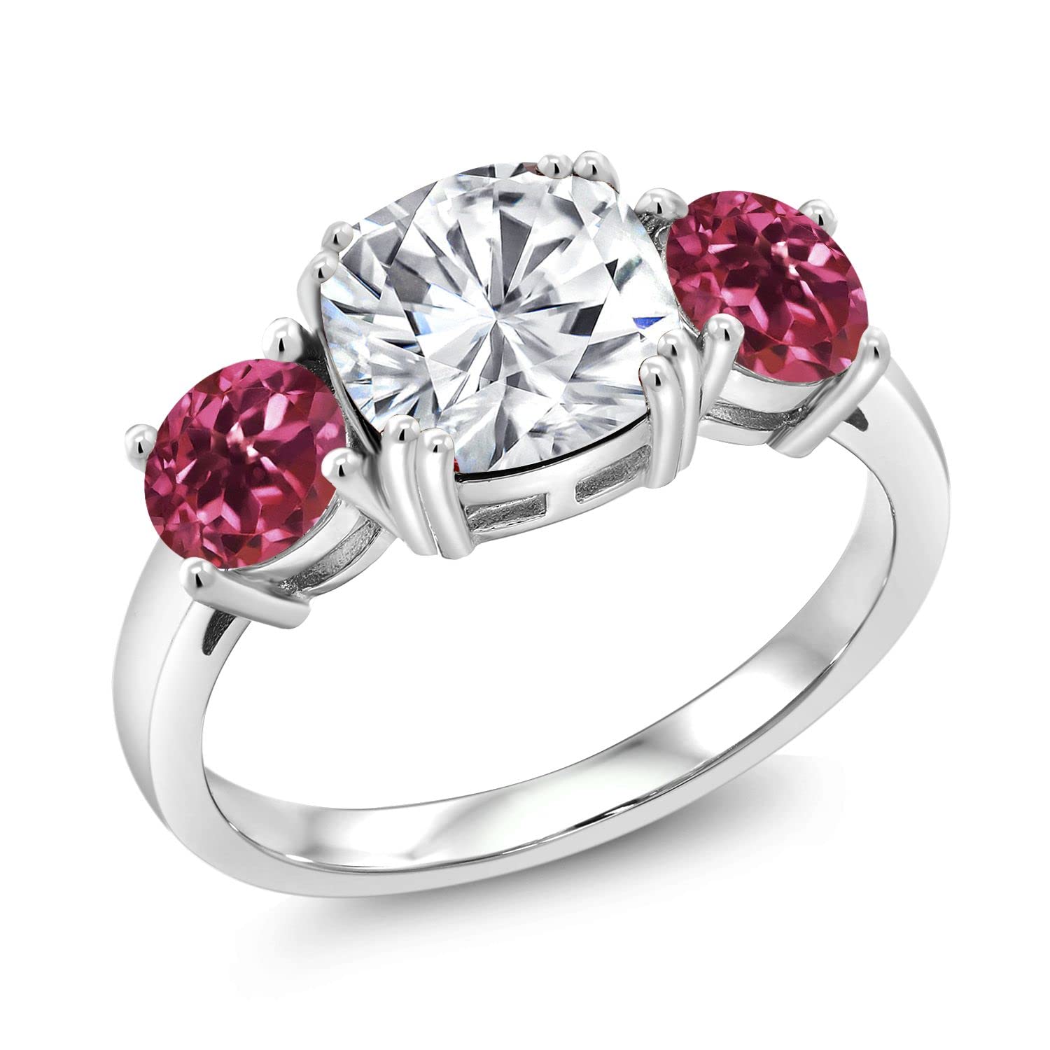 Gem Stone King 925 Sterling Silver Pink Tourmaline & GH Moissanite Ring Set (3.40cttw) - Elegant Jewelry for Women, Perfect for Weddings, Anniversaries & Special Occasions