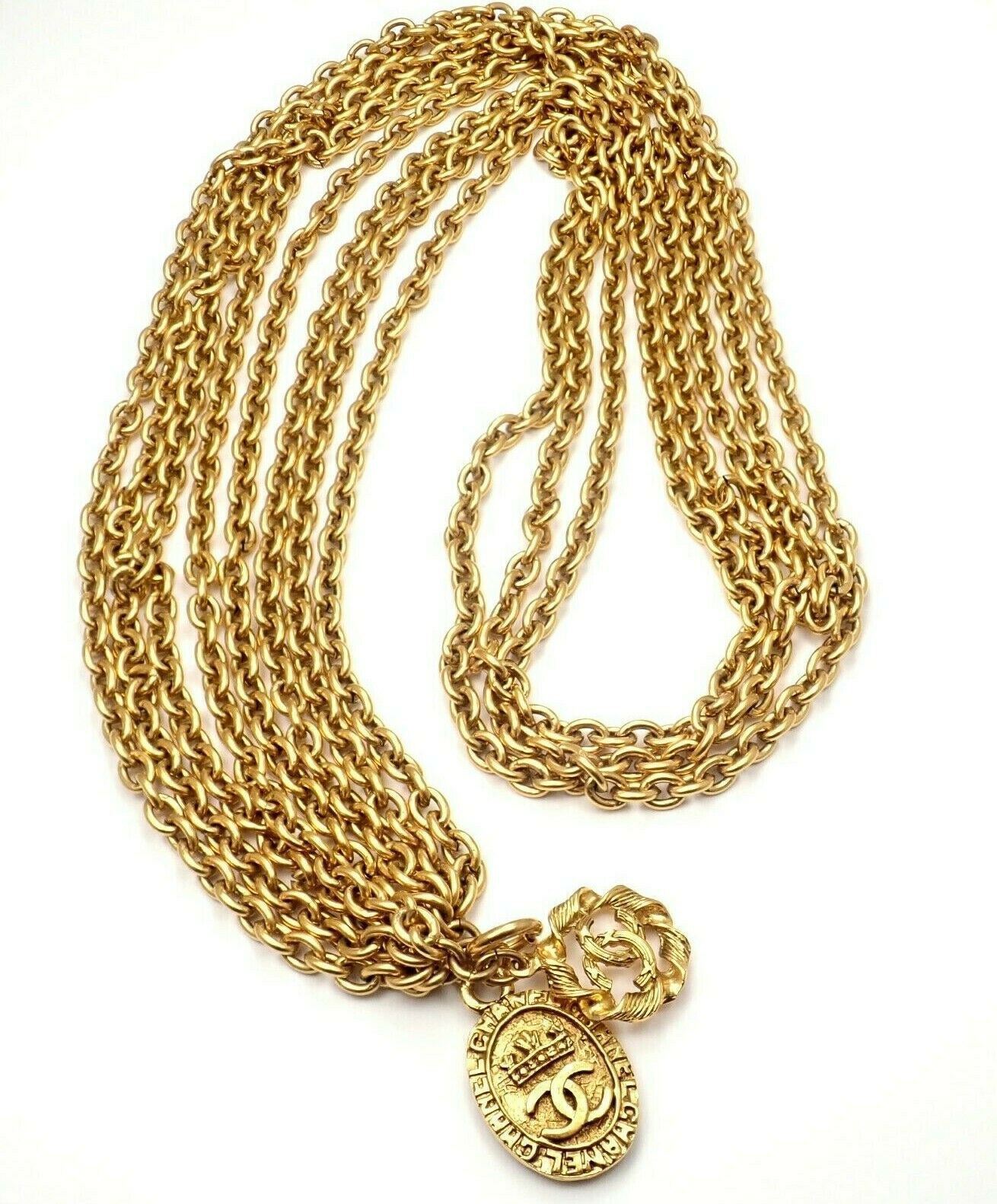 Authentic Chanel Gold Tone 3 Row Draped Clasp Belt Necklace 34