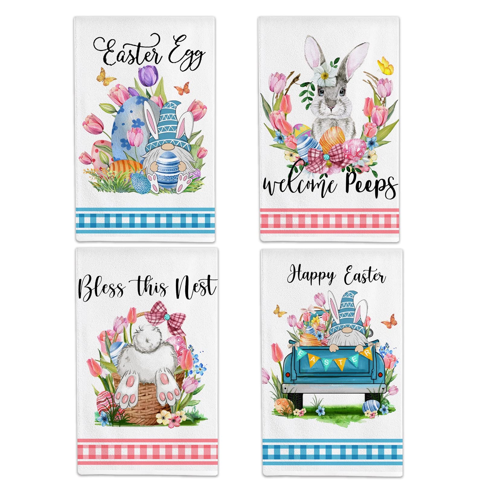 Hexagram Easter Kitchen Towels Set of 4 - Absorbent Cotton Dish Towels & Hand Towels for Farmhouse Decor, Easter Gnomes Bunny Theme - Perfect Housewarming Gift & Spring Kitchen Accessories (Great for Holiday Decor, Cooking, Baking & Hosting)