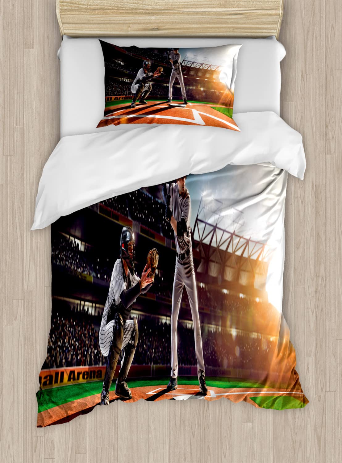 Ambesonne Teen Room Duvet Cover Set - Baseball Players Stadium Sports Print Bedding Set with 2 Duvet Covers & 2 Pillowcases, 2 Pack Twin Size, Rainbow Colors - Perfect for Sports Lovers' Bedroom Decor & Teen Boys' Room Theme