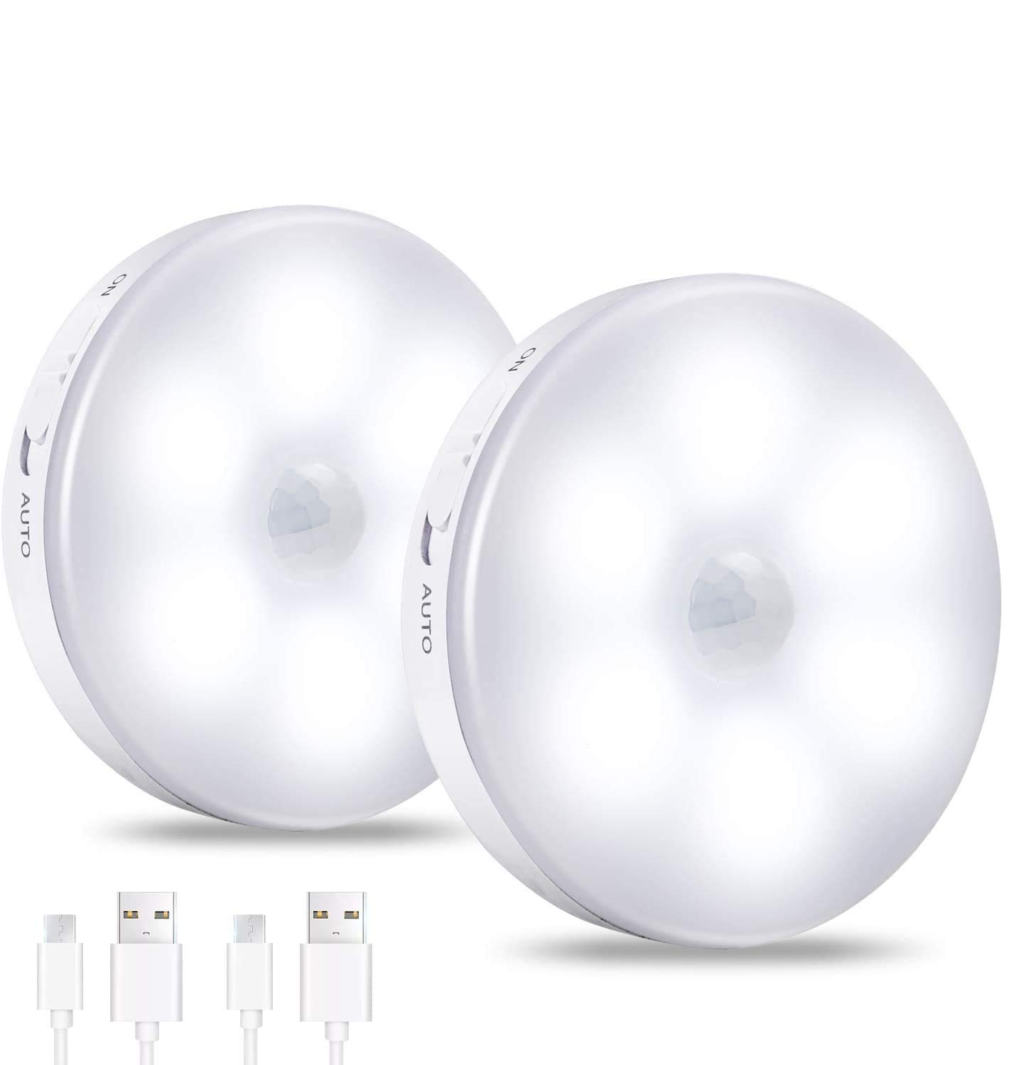 Rechargeable Motion Sensor LED Night Light - USB Cordless Wall Light with Auto/On/Off Switch for Closet, Stairs, Hallway, Garage - Perfect for Home Safety and Energy Saving (2-Pack)