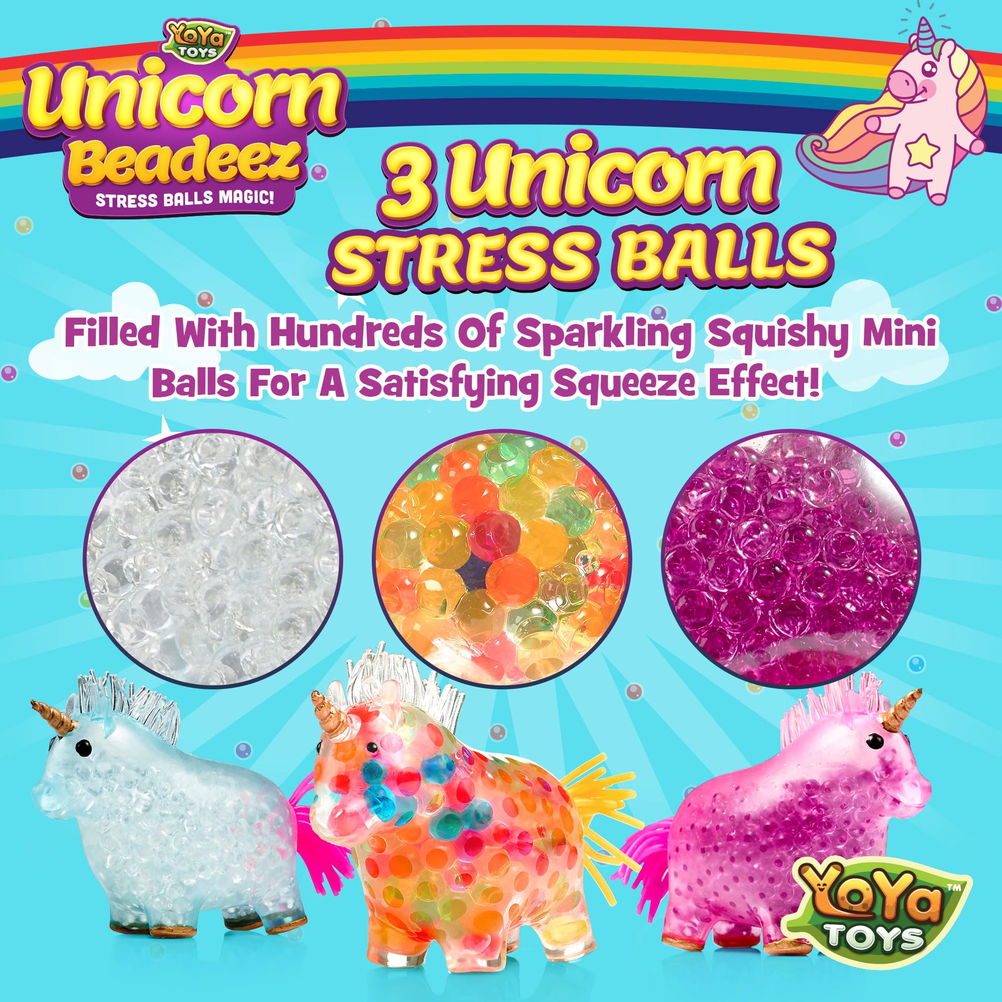 Yoya Unicorn Fidget Squishy Ball - 3 Pack Super Soft Stress Relief Toys for Kids & Adults | Perfect Sensory Toy for ADHD, Anxiety & Autism | Fun Office Desk & Classroom Fidget Toy | Great Gift for Birthdays, Christmas & Party Favors