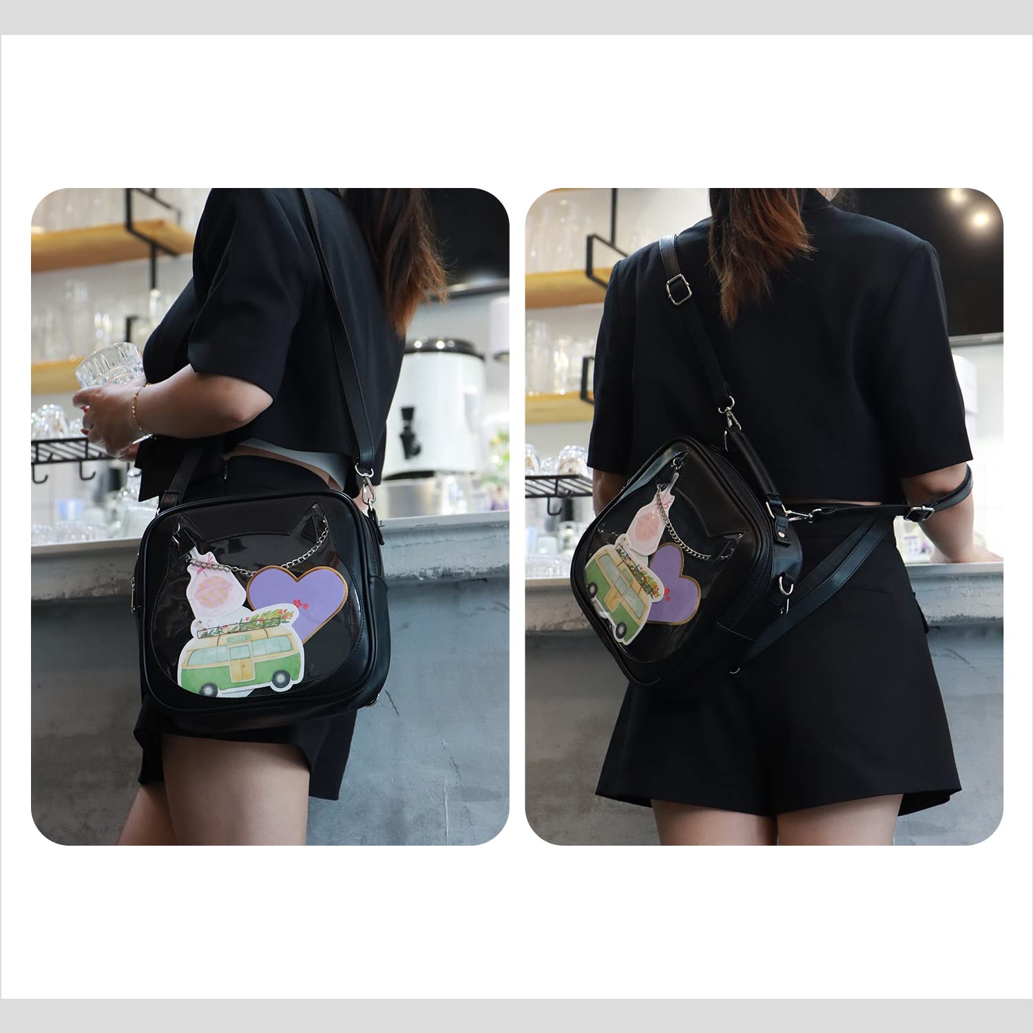 Cute Kawaii Cat Ita Bag for Women - Clear Crossbody Purse with Pin Display, Stylish Shoulder Messenger Bag for Anime Conventions & Daily Use