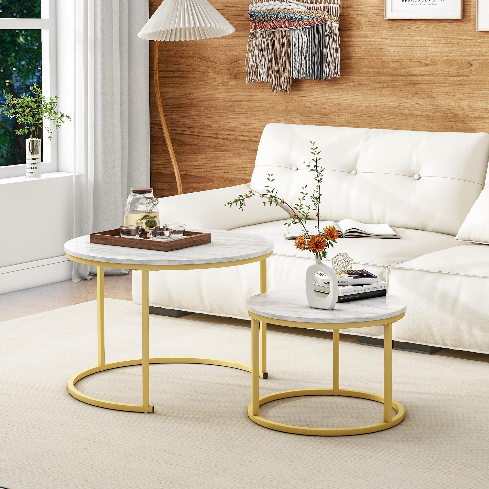 Round Coffee Table Set of 2 - Modern White Marble Nesting Side Tables with Golden Metal Frame, Wooden Accent Furniture for Living Room, Bedroom & Office - Stackable End Tables for Small Spaces & Home Decor