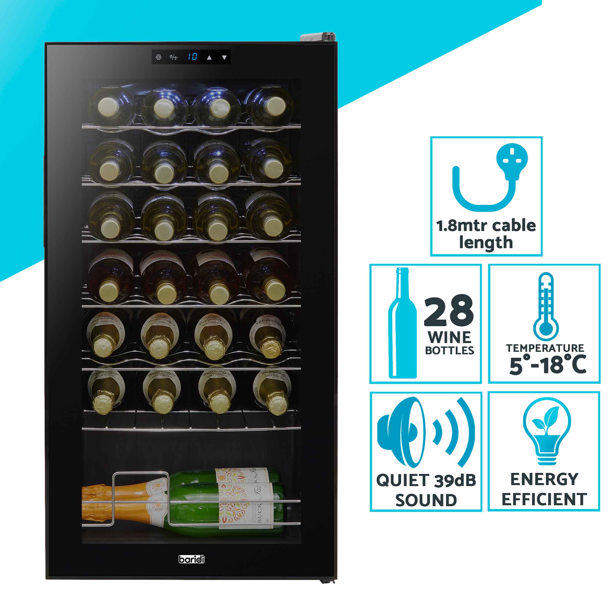 Baridi 28 Bottle Wine Cooler Refrigerator - Digital Touch Screen Control, LED Interior Lighting, Black - Perfect for Home, Office, or Restaurant Wine Storage
