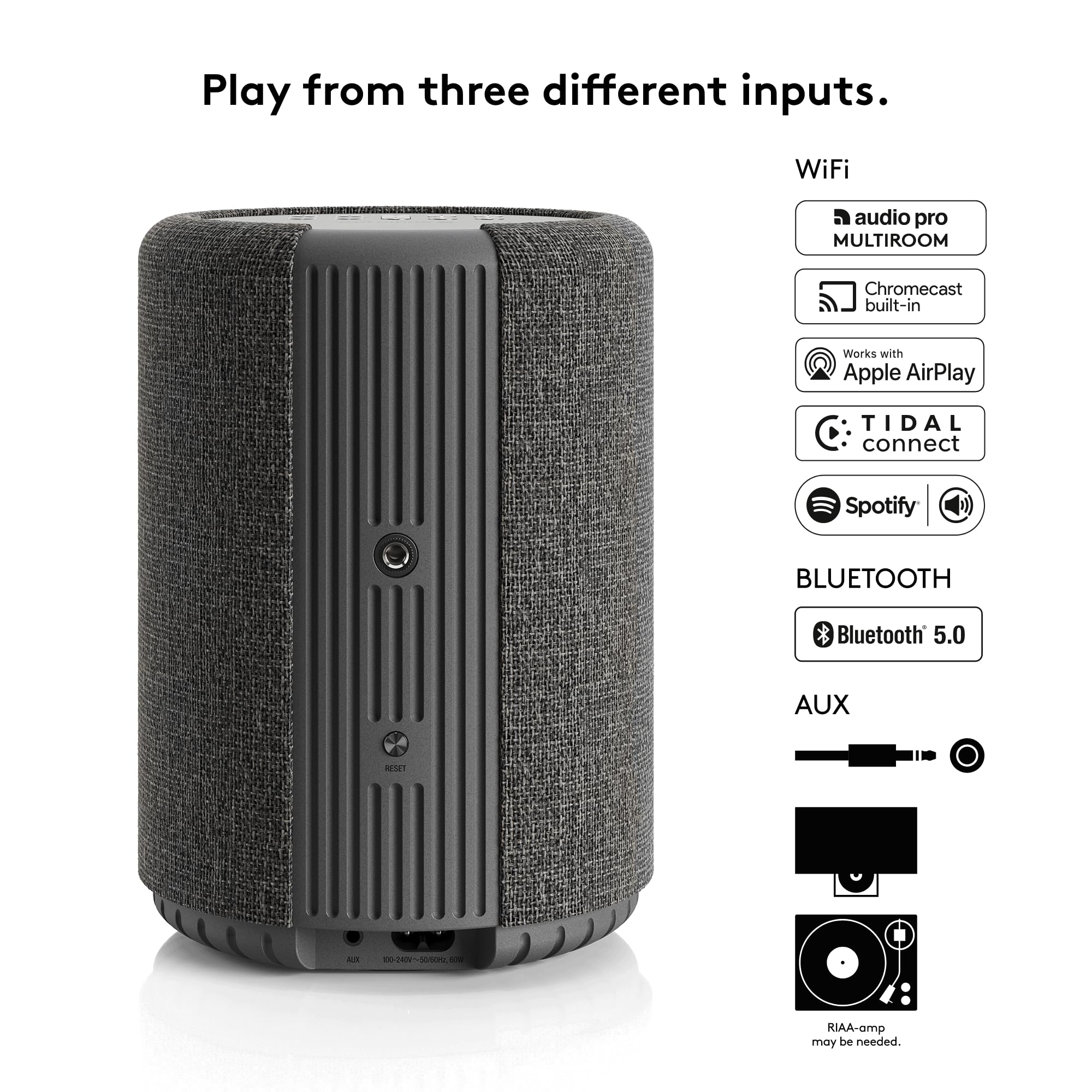 Audio Pro A10 MKII Wireless Bluetooth Speaker - Hi-Fi Sound with WiFi & 3.5mm Input for iPhone, Android, PC - Perfect for Home, Office & Outdoor Use - Dark Grey