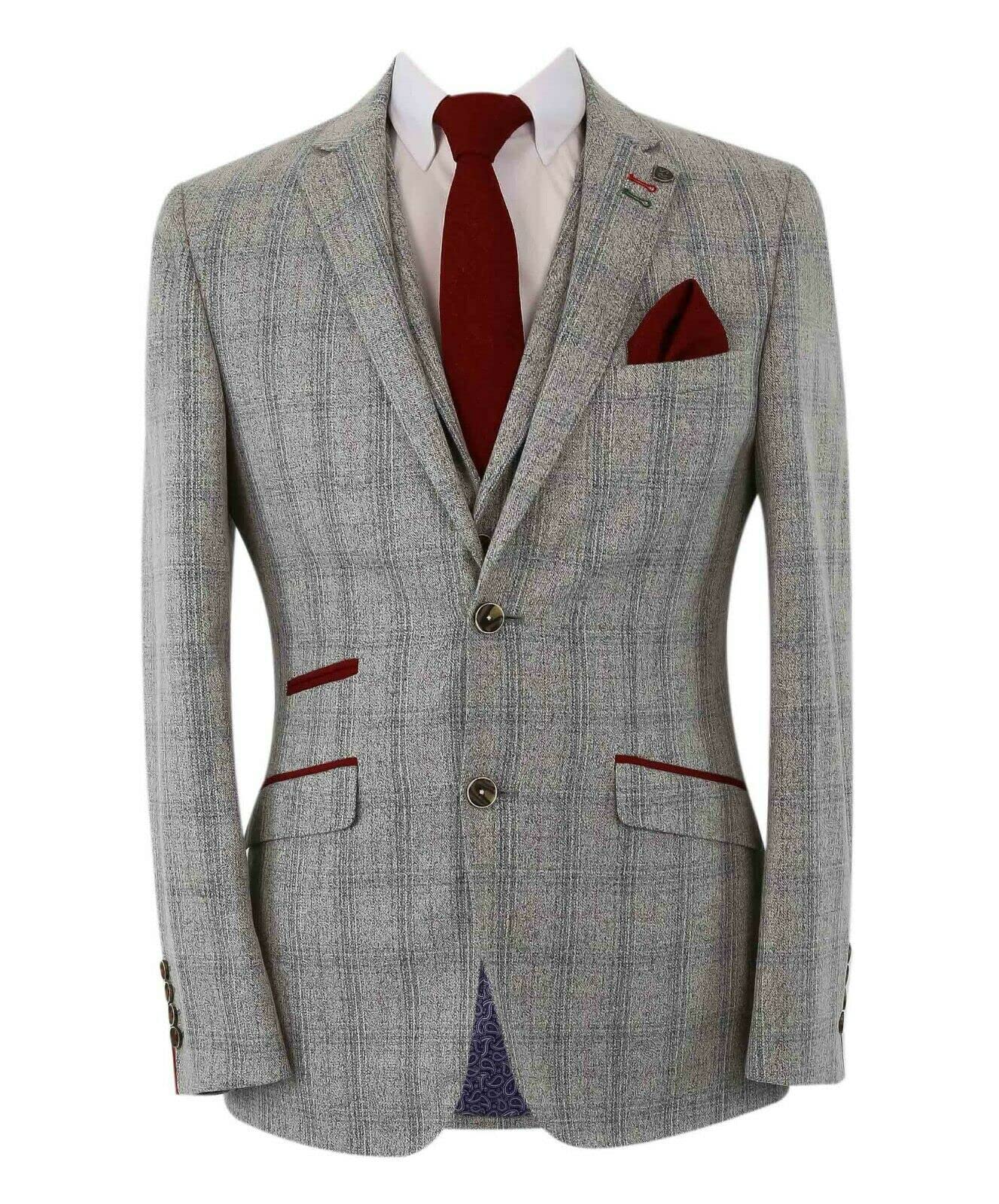 Men's Slim Fit Tweed Windowpane Check Blazer Waistcoat & Trousers Suit Set - Grey Formal Business Wedding Attire | Perfect for Office, Ceremonies and Special Occasions