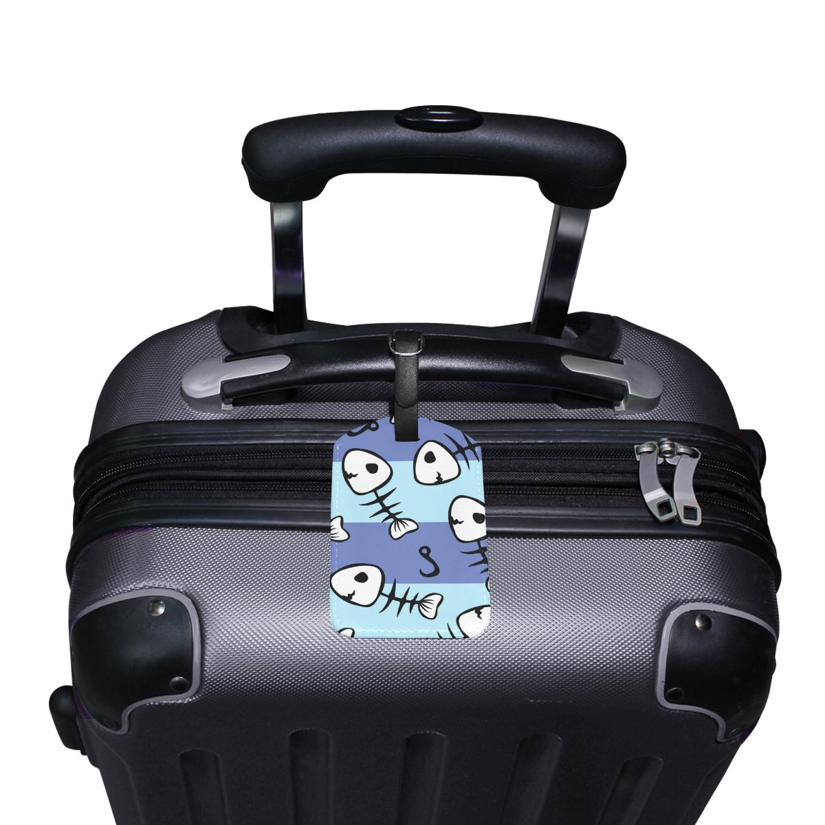 Stylish PU Leather Fish Skeleton Blue Stripe Luggage Tag - Durable Travel Suitcase ID Identifier & Baggage Label - Perfect for Airports, Cruise Ships, and Business Trips