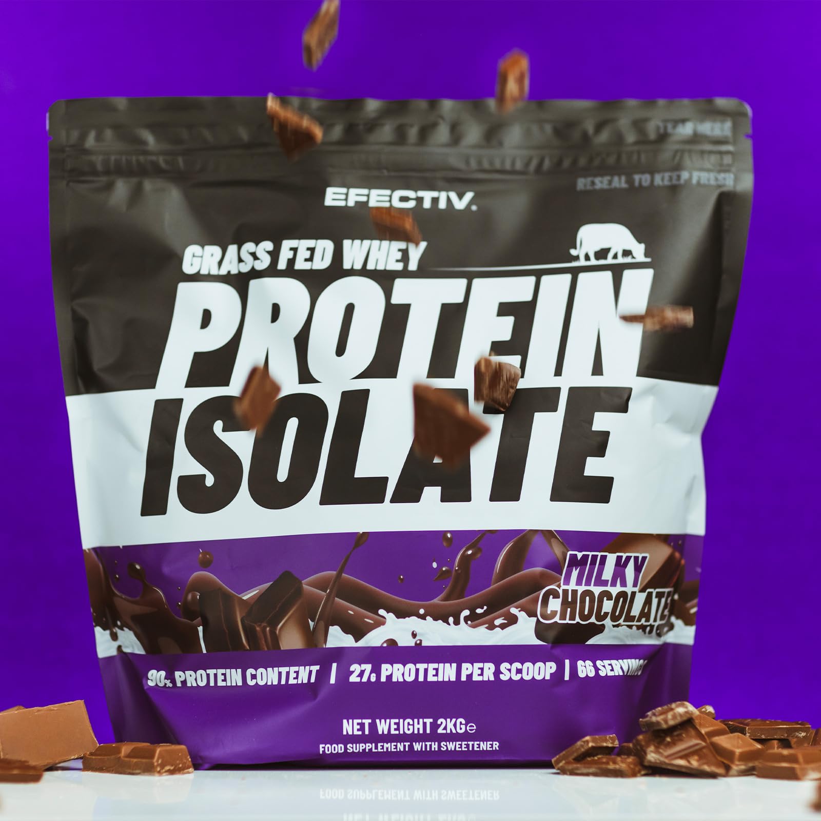 Efectiv Nutrition Grass Fed Whey Protein Isolate 2000g - Milky Chocolate Flavor for Muscle Recovery & Post-Workout Shake | High Protein Powder for Athletes, Gym & Fitness Enthusiasts