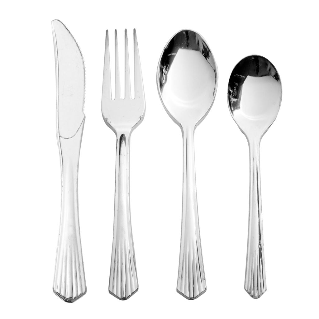 Premium Silver Plastic Shiny Metallic Disposable Flatware Set - 40 Piece Elegant Cutlery for Parties, Weddings & Events - Upscale Collection for Stylish Dining