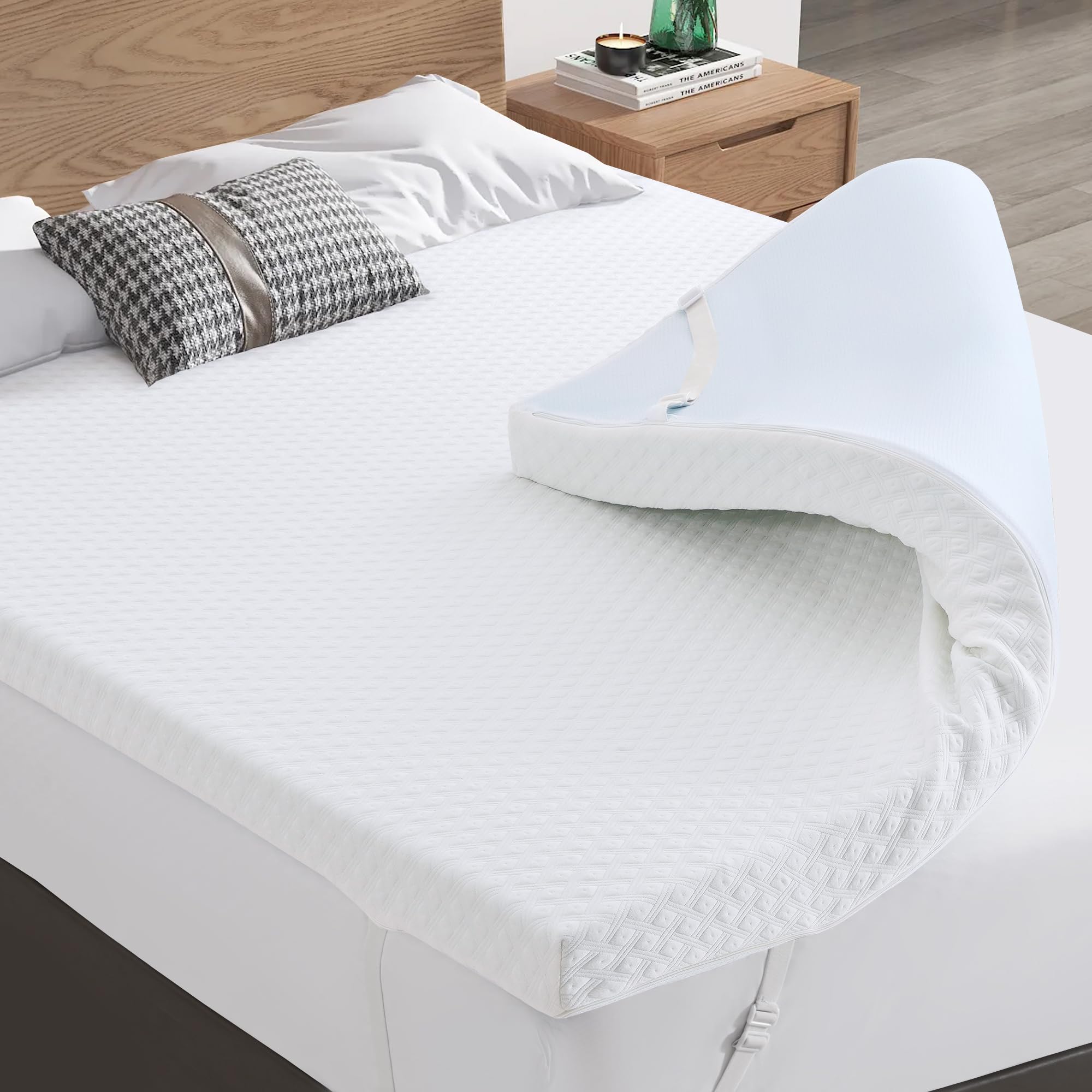 4D Air Fabric 3 Inch Gel Memory Foam Mattress Topper Queen Size - Cooling Ventilated Mattress Pad for Back Pain Relief & Pressure Relief - Soft Plush Bed Topper with Removable Cover (White) - Perfect for Hot Sleepers, Side Sleepers & Back Pain Sufferers