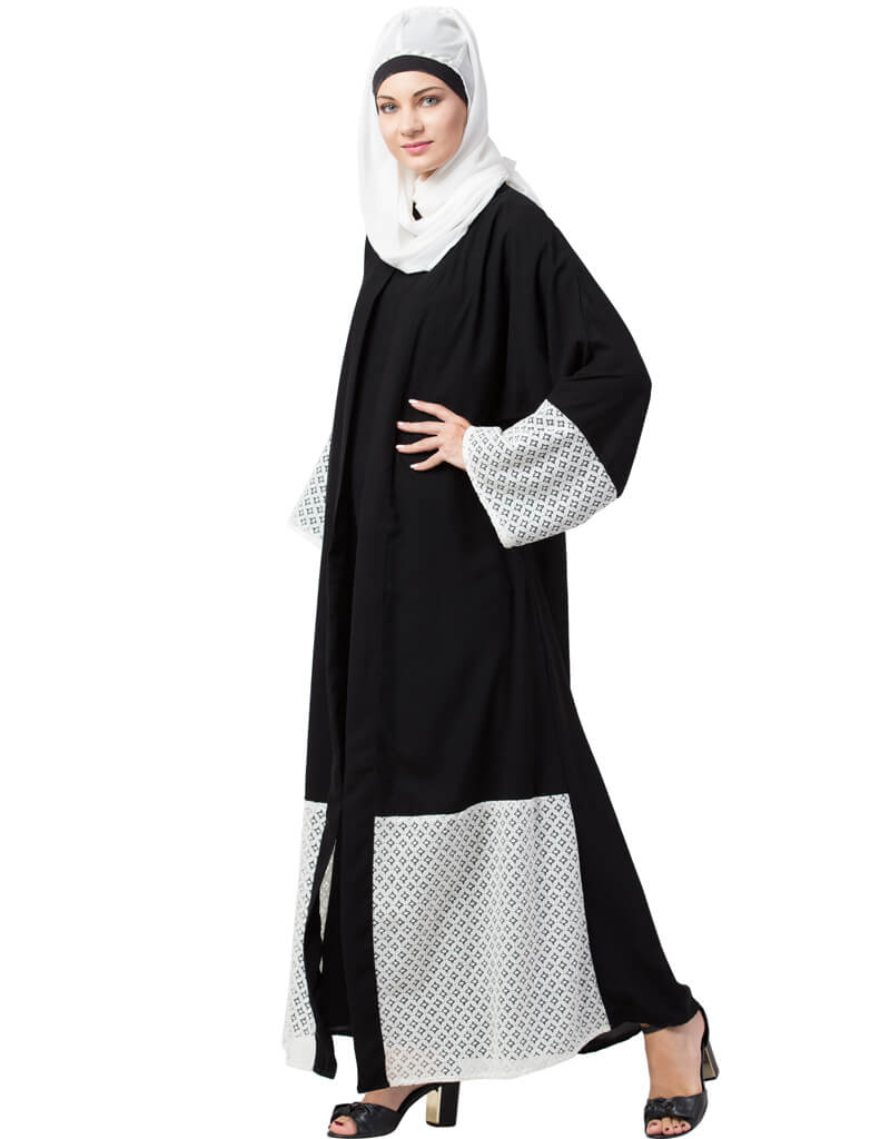 Elegant Black Arabic Abaya with Embroidered Bottom & Sleeves + Front Jacket - Modest Islamic Dress for Prayer & Special Occasions