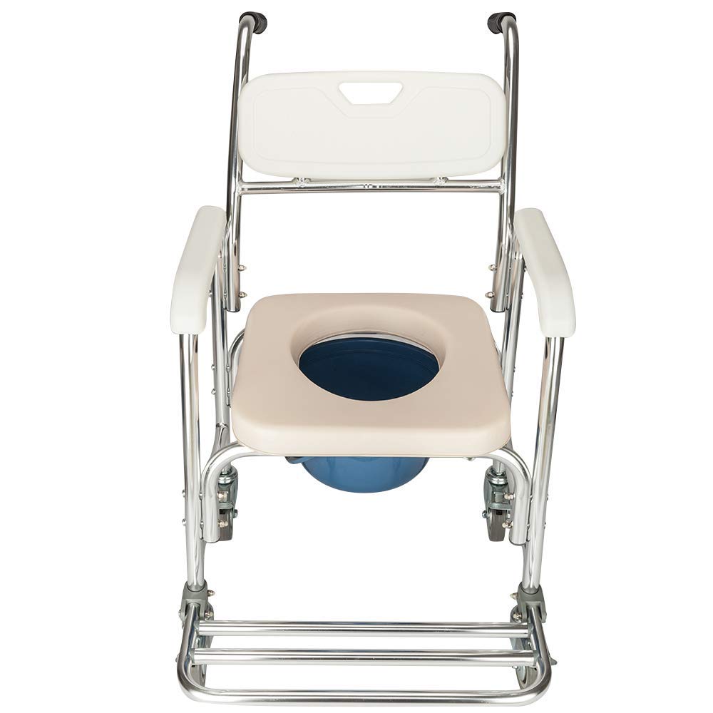 4 in 1 Bedside Commode Chair with Wheels - Adjustable Height Shower Commode with Padded Seat | Portable Toilet for Elderly & Disabled | Home Care & Bathroom Safety Aid