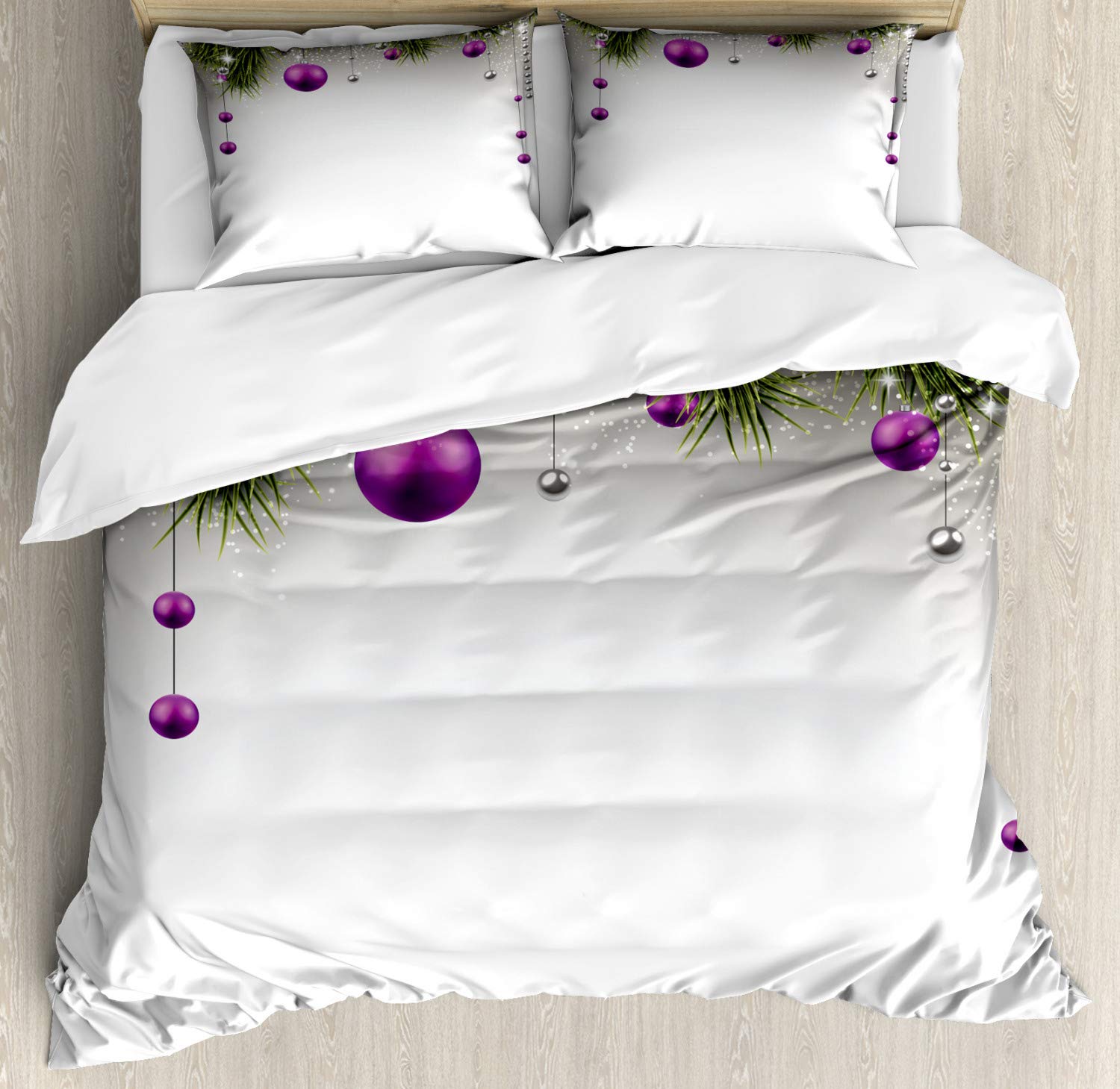 Ambesonne Christmas Duvet Cover Set - King Size 3-Piece Bedding with Tree, Tinsel & Gift Design in Purple, Grey & Green | Holiday Home Decor for Festive Bedroom Makeover