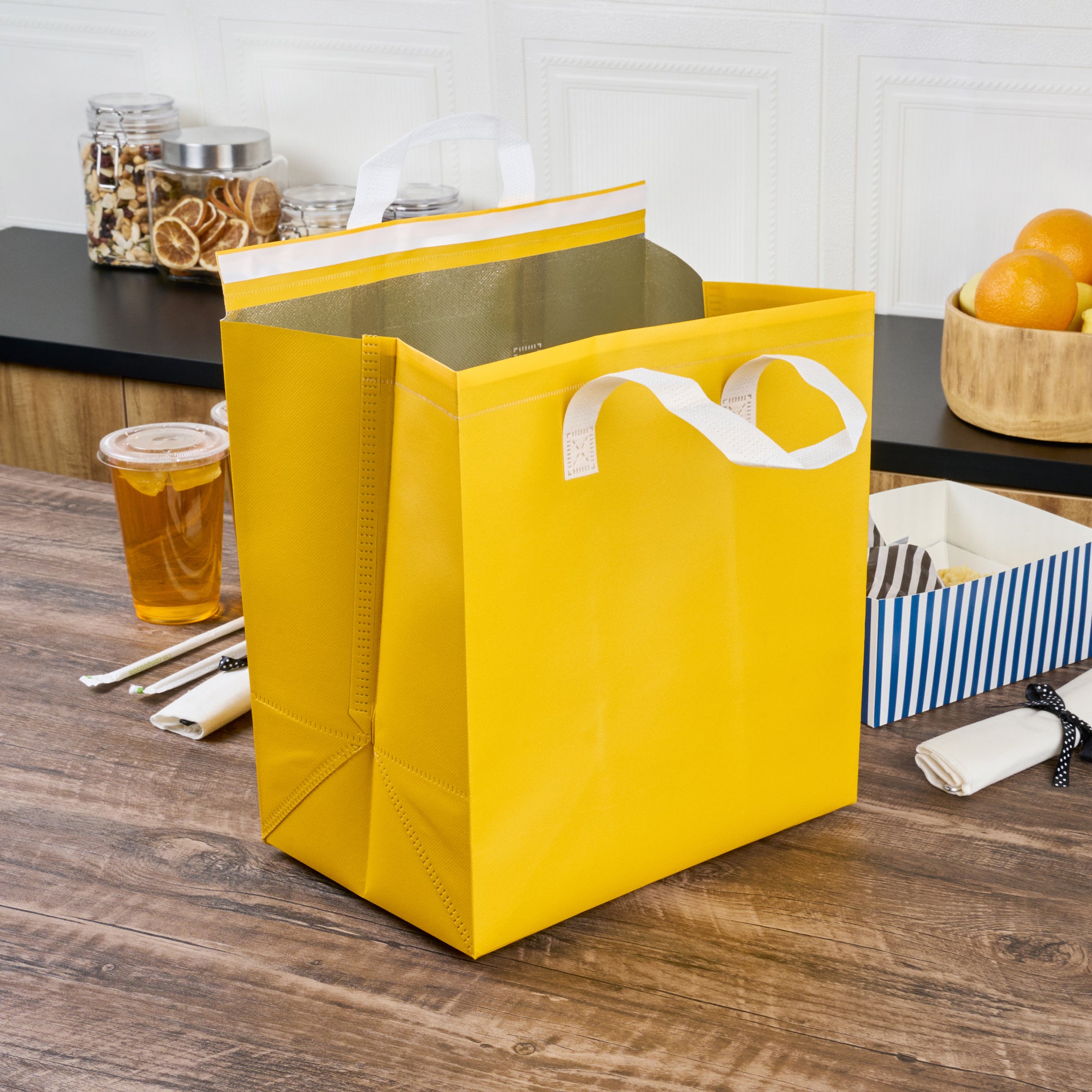 Insulated Yellow Takeout Bags - Tamper Evident Food Delivery Bags (11.75