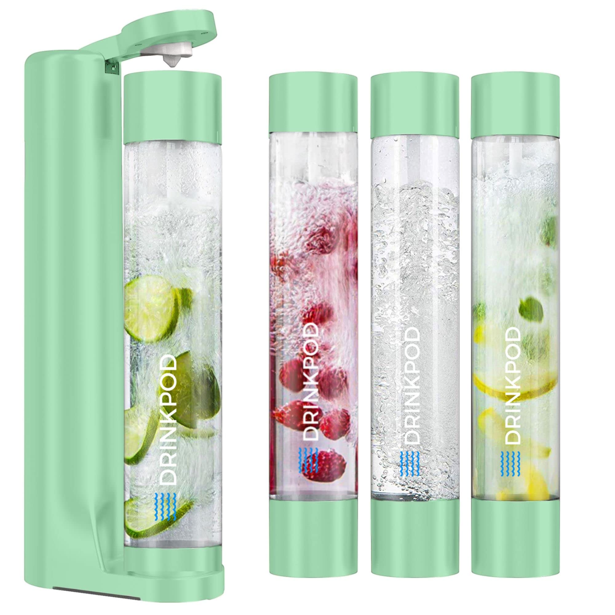 Fizzpod Home Soda Maker Machine - Make Sparkling Water, Carbonated Juice, Coffee, Tea & Cocktails | Includes 3 BPA-Free 32oz Bottles, 3 Caps & Carbonator Cap | Perfect for Kitchen, Parties & Healthy Hydration