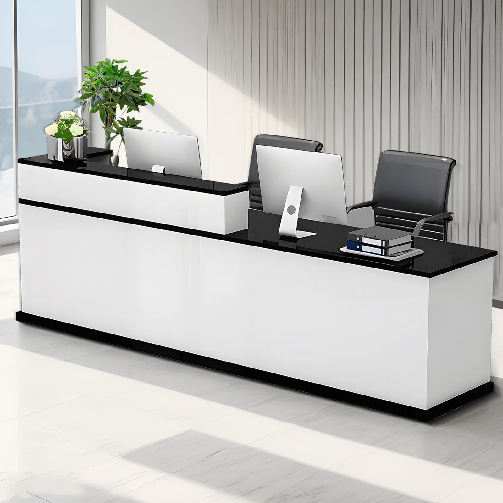 Modern Wooden Reception Desk with Counter & Lockable Storage Drawers - Office Front Desk with Keyboard Holder, 86.61