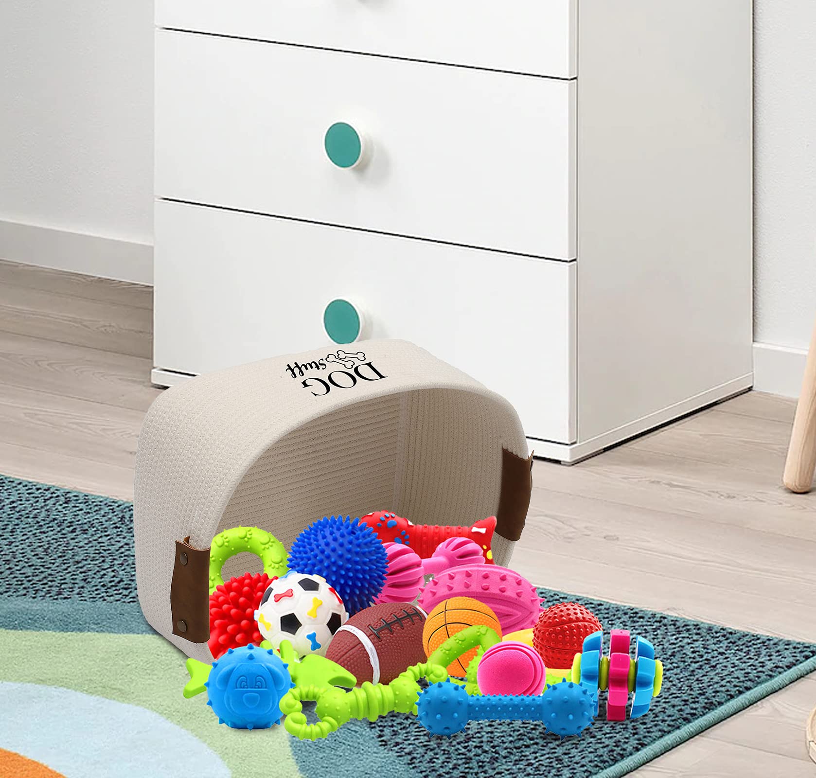 Geyecete Square Dog Toy Basket - Cotton Rope Storage Bin for Pet Toys & Accessories - Beige Pet Organizer - Perfect for Living Room, Bedroom, or Pet Play Area Organization