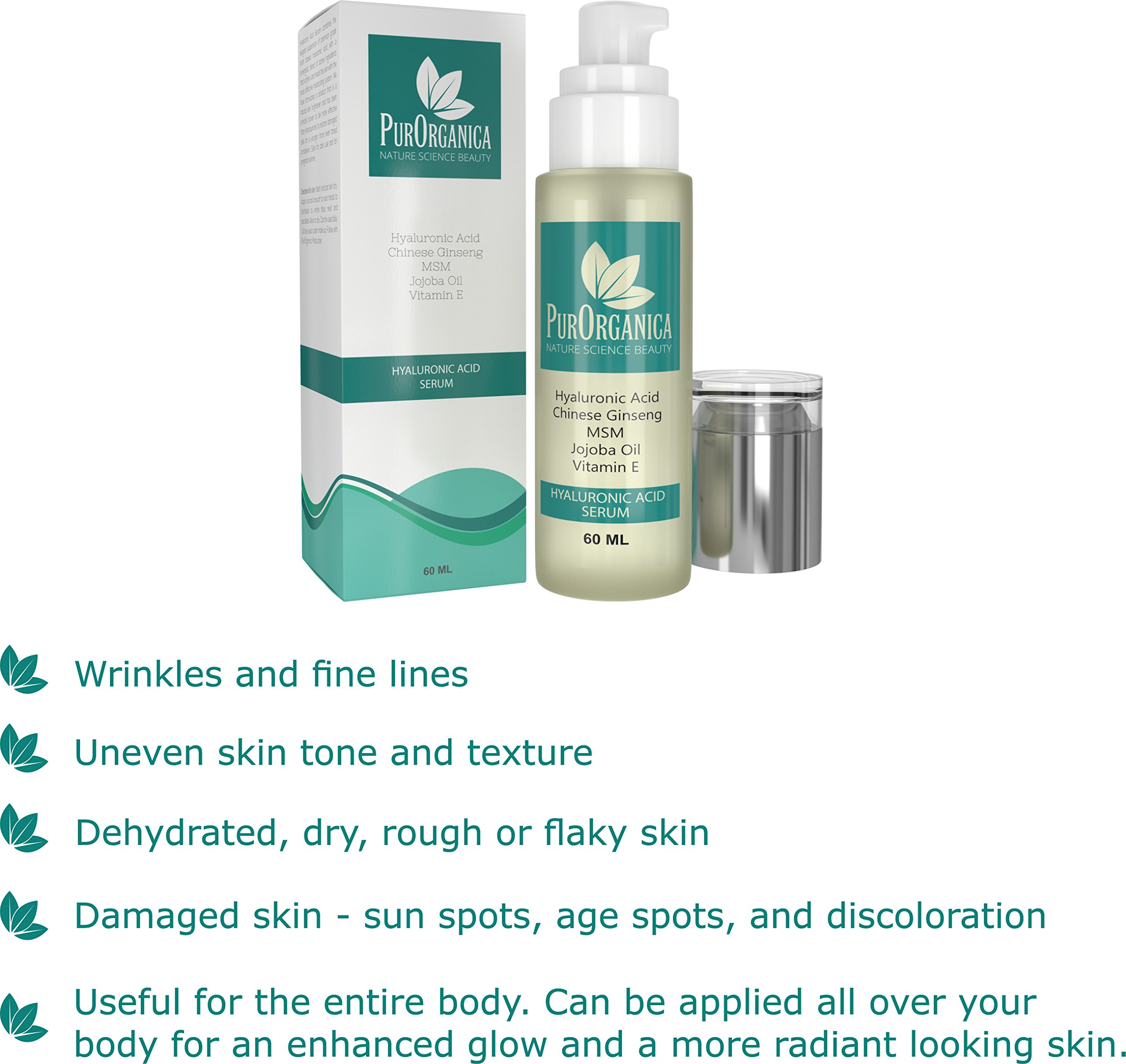 PurOrganica Hyaluronic Acid Face Serum - 60ml Anti-Aging & Anti-Wrinkle Serum for Plumping, Hydrating & Brightening Skin - Organic Formula Reduces Fine Lines & Wrinkles - Money Back Guarantee - Perfect for Daily Skincare Routine & Nighttime Rejuvenation
