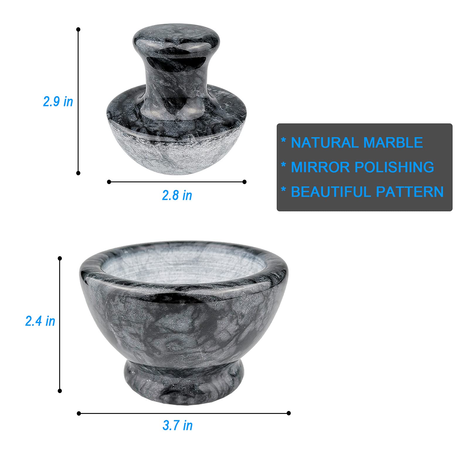Premium Marble Mortar and Pestle Set - 3.7 Inch Spice Grinder & Pill Crusher (1/2 Cup Capacity) - Efficient Stone Herb Grinder for Kitchen, Pharmacy & Ayurveda - Perfect for Grinding Spices, Herbs, Pills & Making Pastes (Black)