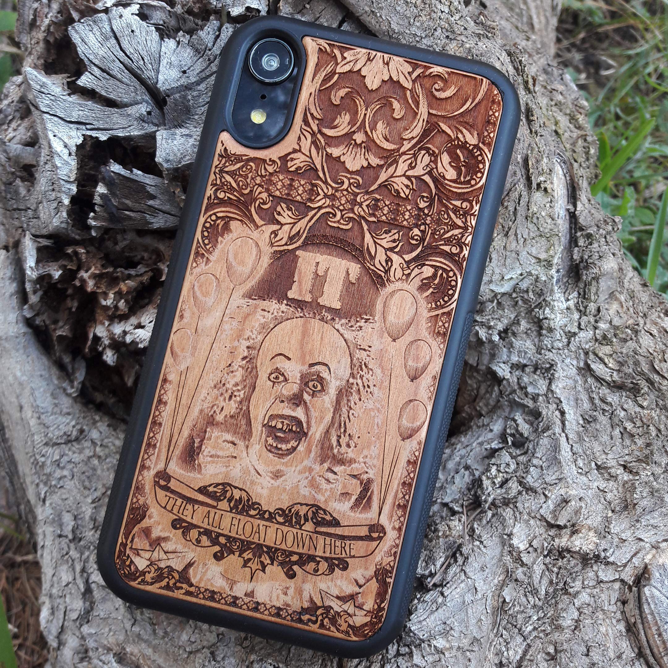 Horror Movie It Clown Laser Engraved Wooden Phone Case for iPhone 16/15/14/13/12/11 Pro Max/Mini & Galaxy S25/S24/S23/S22/S21/S20 Ultra Plus - Eco-Friendly Slim Durable Wood Cover - Perfect for Halloween, Horror Fans & Unique Gift Giving