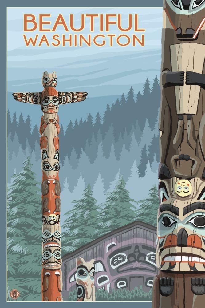 Lantern Press Beautiful Washington Totem Poles - 12x18 Wall Art Poster for Home & Office Decor | Perfect for Living Room, Bedroom, or Gift