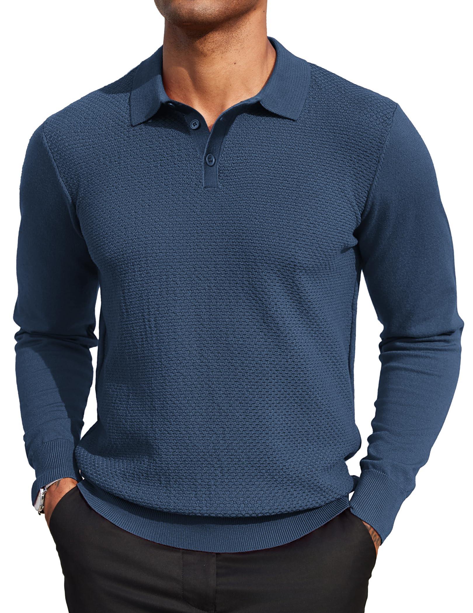 COOFANDY Men's Long Sleeve Knit Polo Sweater - Casual Quarter Button Collared Shirt for Golf, Office & Fall Outfits | Waffle Textured Warm Pullover for Business Casual & Weekend Wear