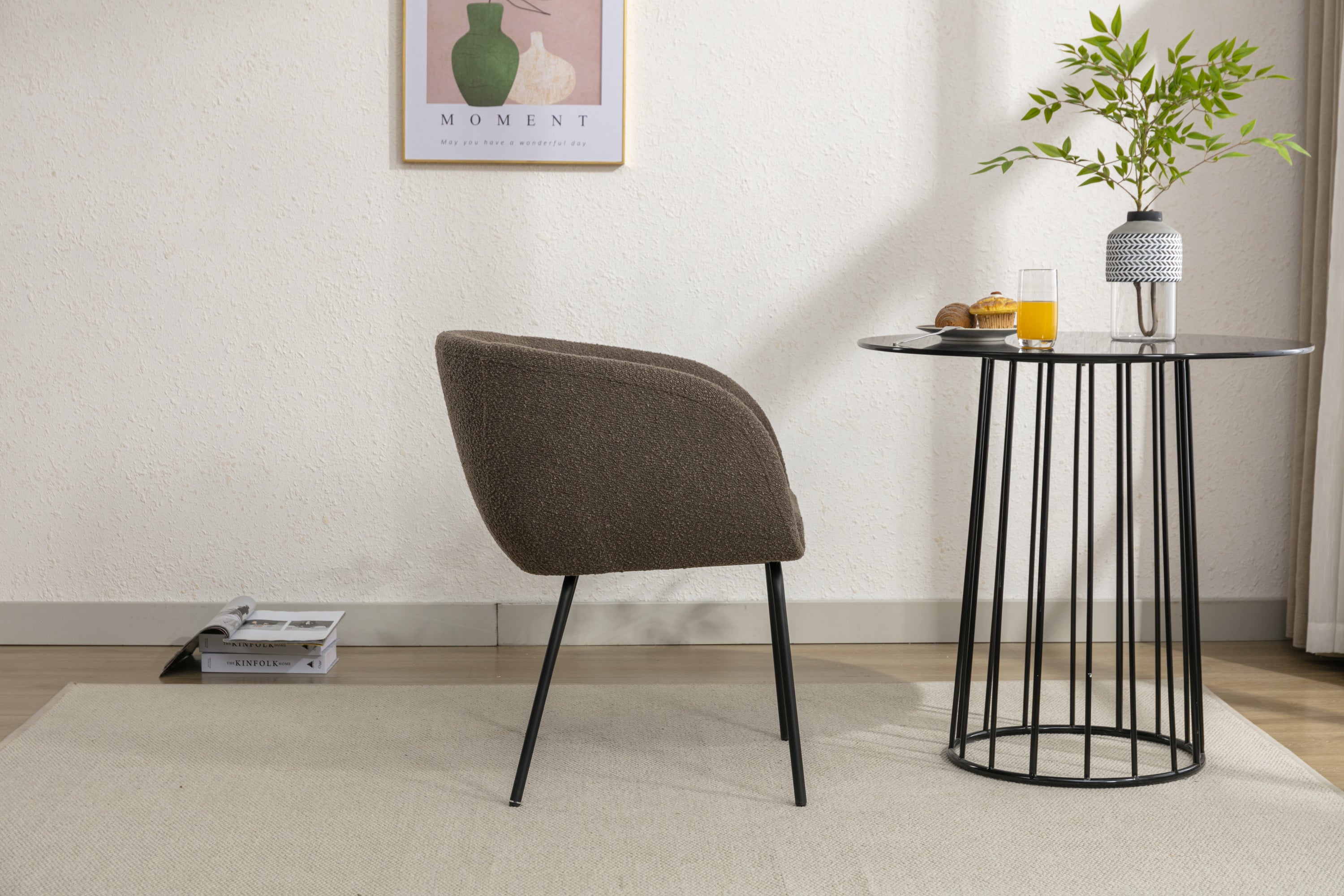 Boucle Fabric Dining Chair with Black Metal Legs - Set of 1 - Modern Upholstered Accent Chair for Kitchen, Dining Room, or Office