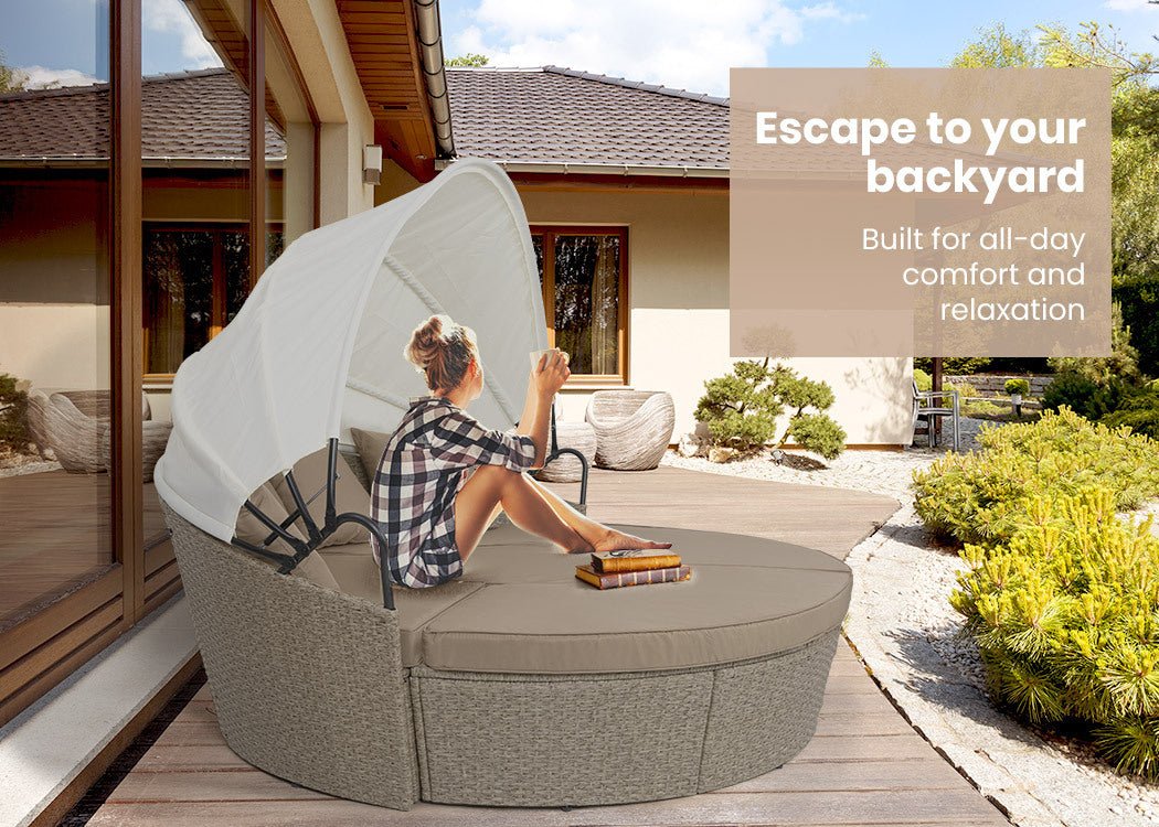 5-Piece Round Wicker Daybed Lounge Set with Canopy - Beige Outdoor Furniture for Patio, Garden, Poolside Relaxation & Boho Decor