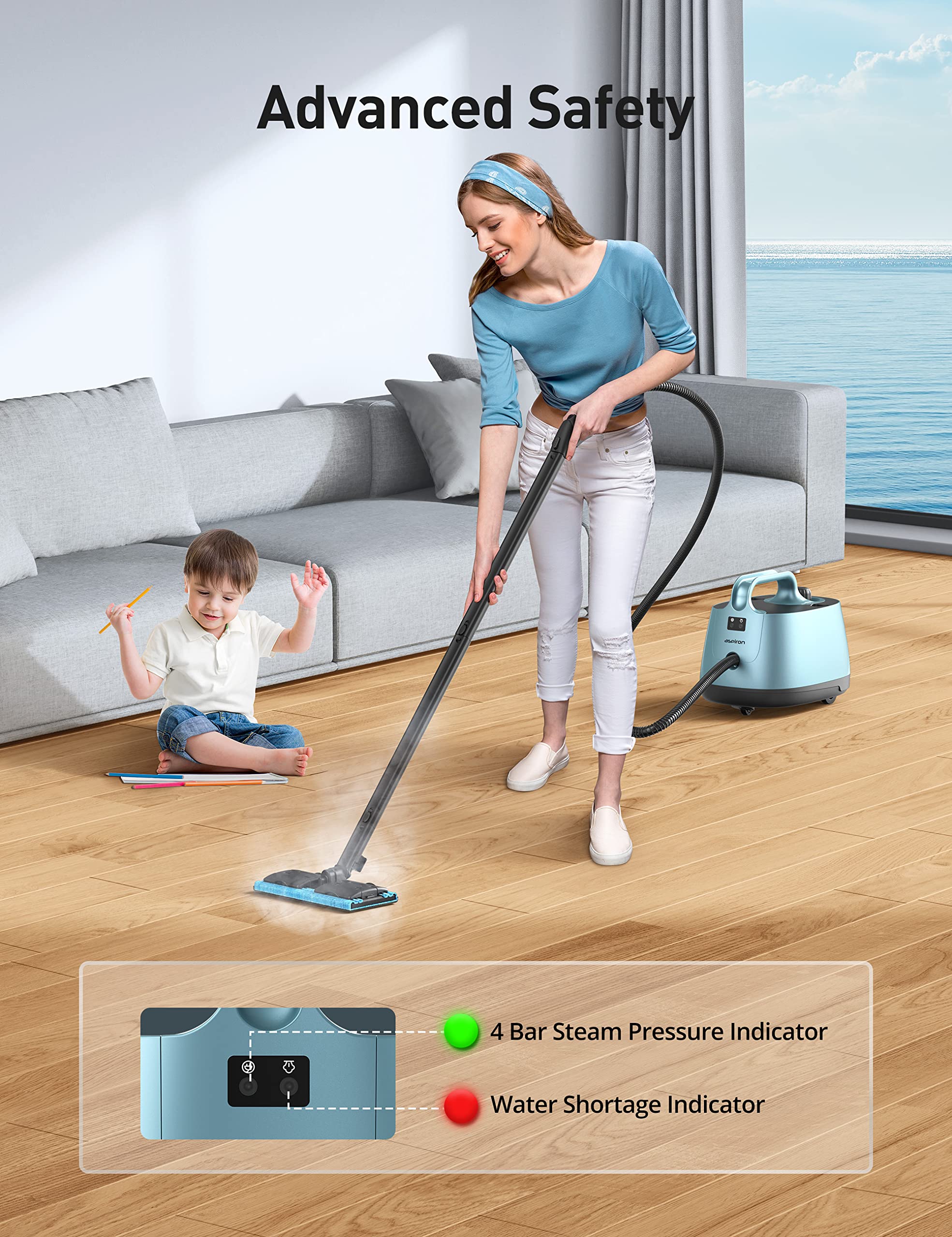 Upgraded Aspiron Steam Cleaner with 21 Accessories - 1.5L Portable Multi-Purpose Steamer for Carpet, Upholstery, Floors & Car Detailing - Quick Heating Heavy Duty Cleaning Tool for Home & Auto Care (Blue)