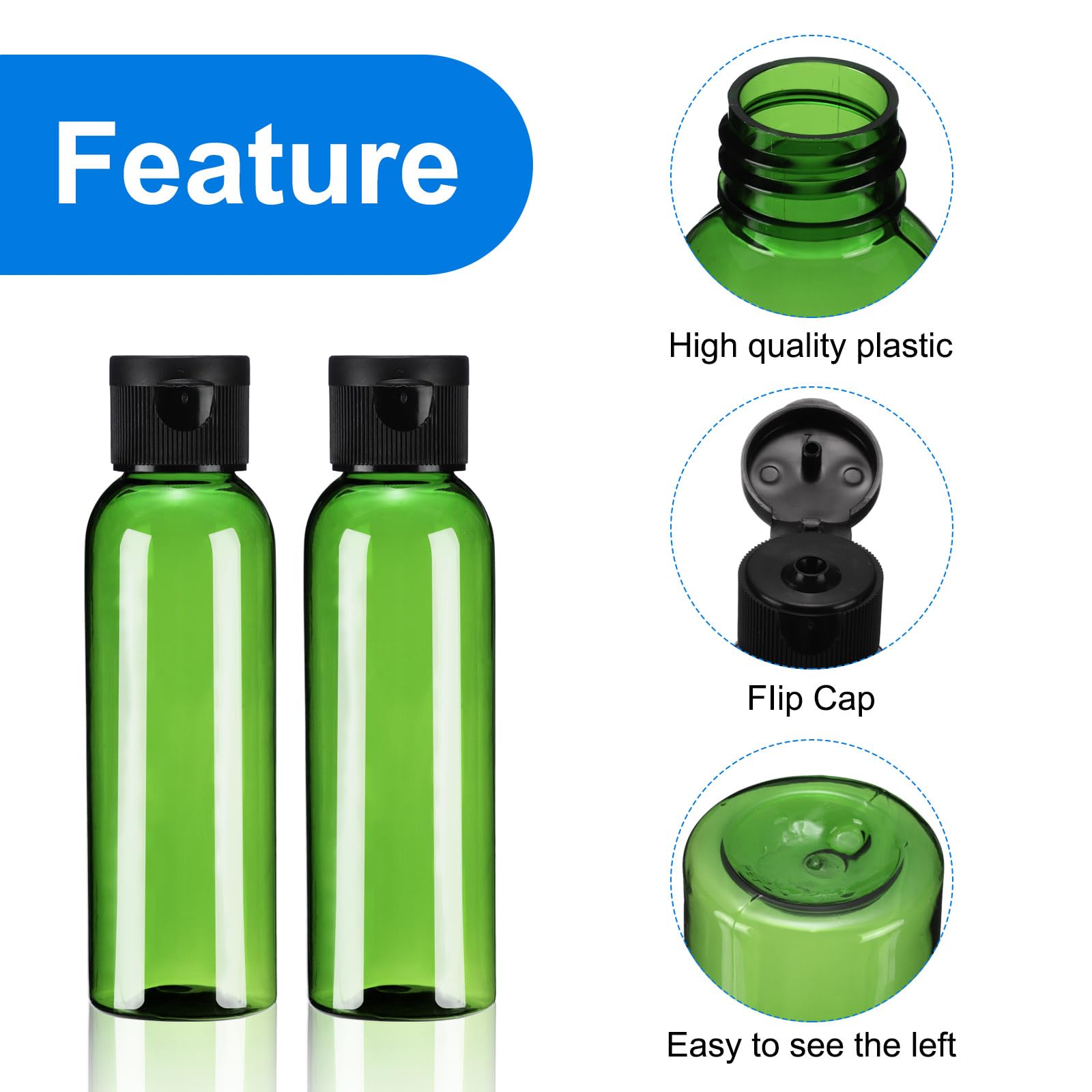 uxcell 2 Oz (60ml) Plastic Travel Bottles with Flip Top Caps - 100 Pack Reusable Refillable Squeeze Containers for Shampoo, Body Wash, Lotion & Cosmetics - Perfect for Travel, Gym, Camping & Toiletry Organization (Green & Black)