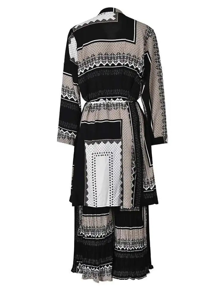 Big Size Printed Pleated Shirt Pants Two Piece Suit for Women - 2025 Spring Autumn Fashion Round Neck Long Sleeve Outfit (Style 3AJ915) | Office Wear, Casual Chic, Party Outfits