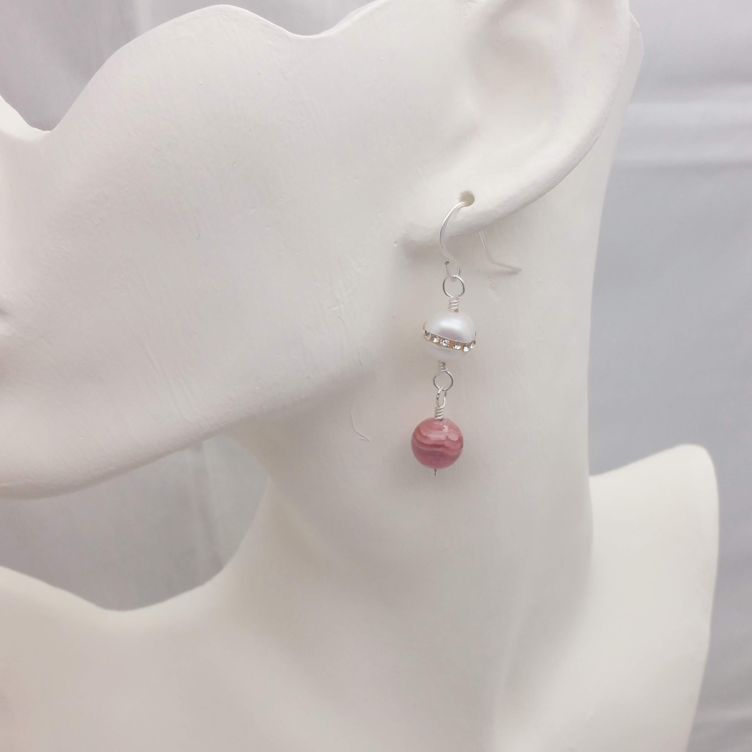 Rhodochrosite and Pearl Sterling Silver Earrings – Elegant Dangle Earrings for Women, Perfect for Weddings, Parties & Special Occasions