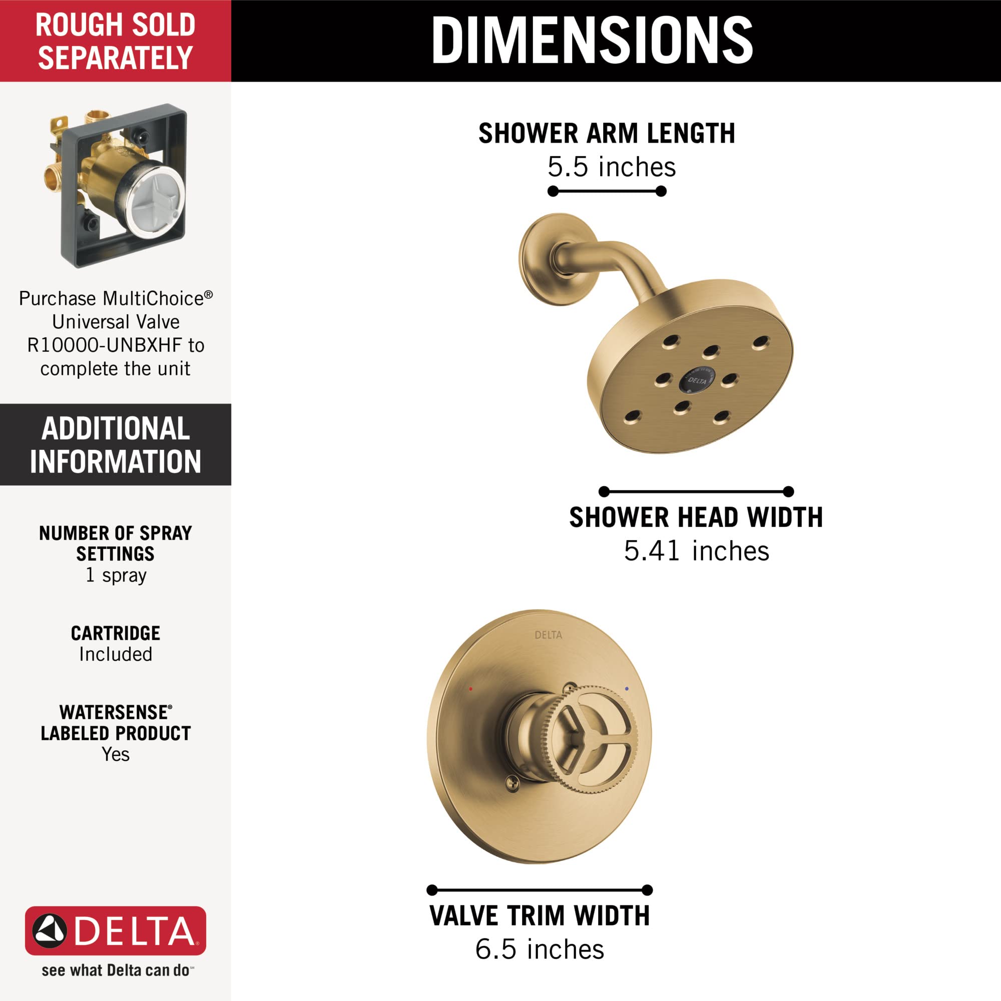 Delta Faucet Trinsic 14 Series Gold Shower Faucet Set with H2Okinetic Shower Head - Brushed Gold Shower Trim Kit & Champagne Bronze T14258-CZ (Valve Not Included) - Perfect for Bathroom Renovation & Luxury Spa Experience
