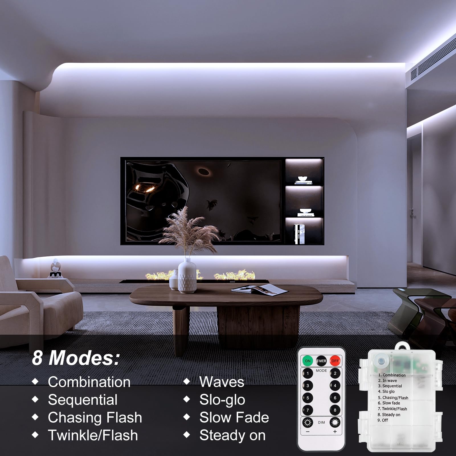Echosari 2 Pack 9.8Ft LED Strip Lights with Remote & Timer - 90 LED Battery Operated Flexible Self-Adhesive Light Strips for Bedroom, TV Backlight, Kitchen, Boat, Cupboard Decor (Cool White) - Perfect for Home Lighting, DIY Projects & Party Decorations