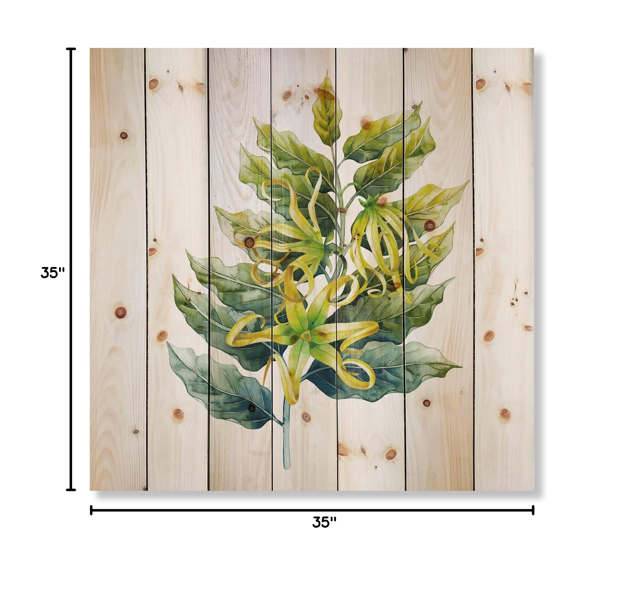 DesignQ Ylang Ylang Flower Wood Wall Decor - Handmade Traditional Floral Wall Art Panel, Large Green Botanical Pine Wood Painting for Living Room, Bedroom & Office Decoration