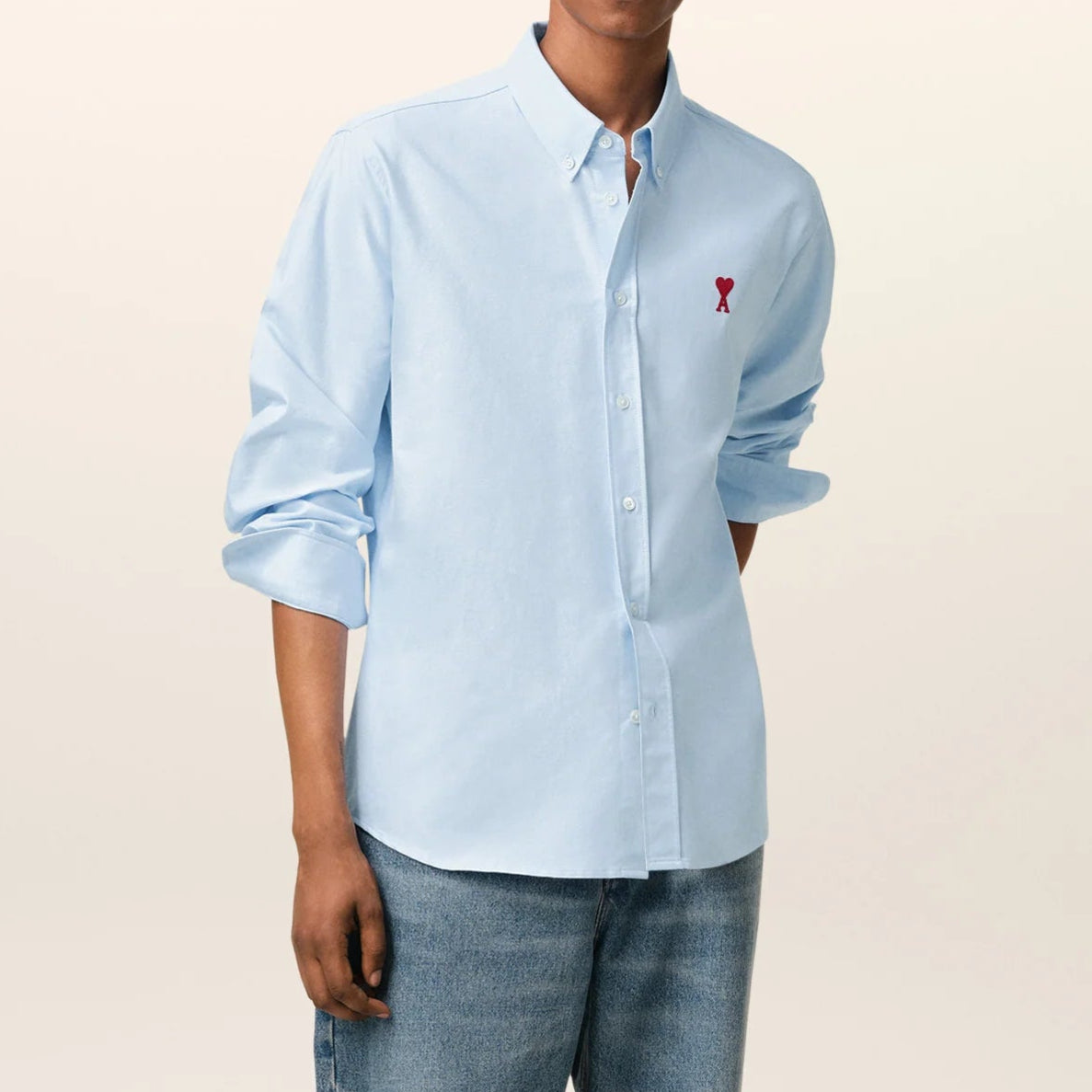 AMI PARIS Sky Blue Button Down Shirt with Ami de Coeur Logo - Casual & Formal Wear for Men | Office, Date Night & Special Occasions