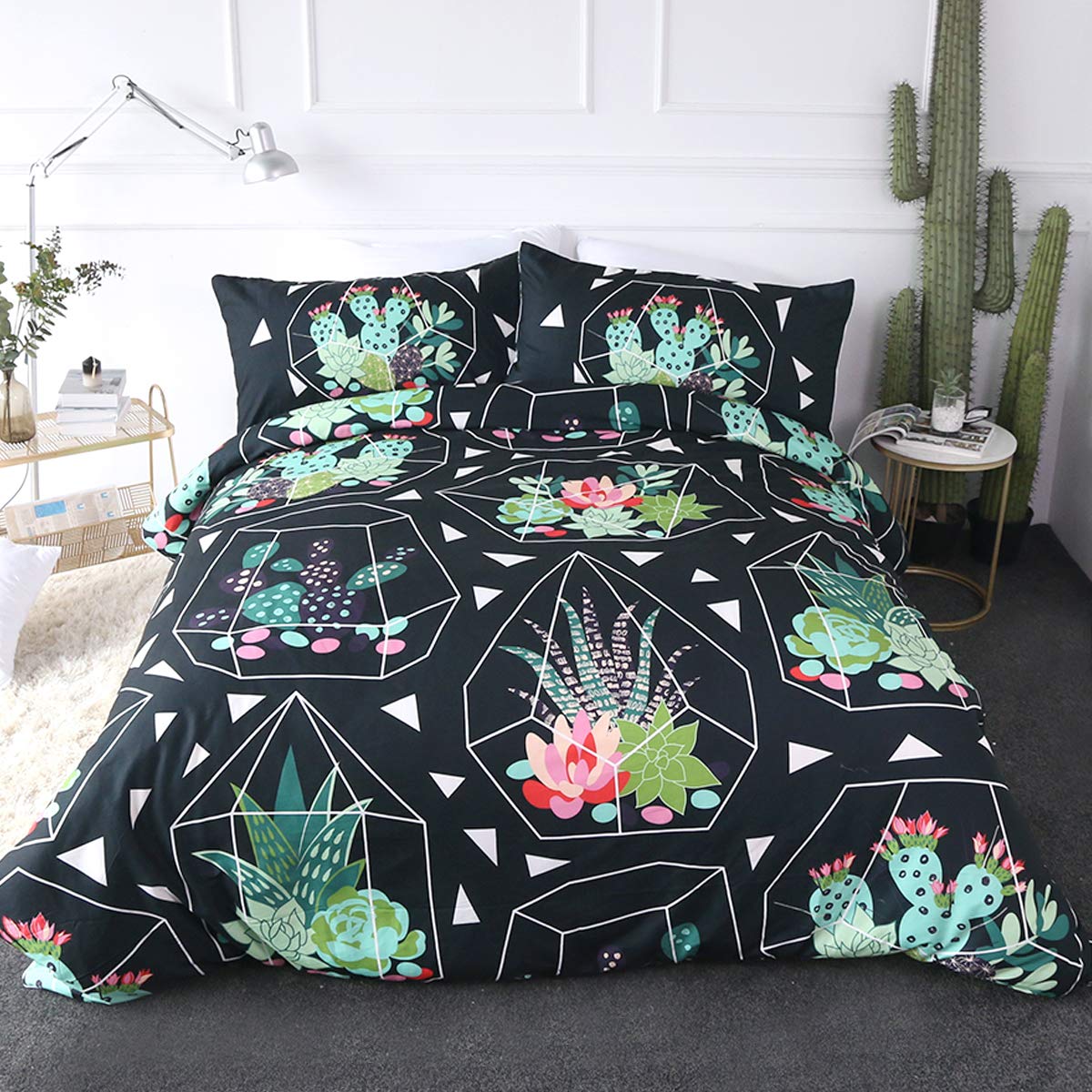 King Size Cactus Duvet Cover Set - Geometric Succulent Bedding for Western Aesthetic Bedroom Decor