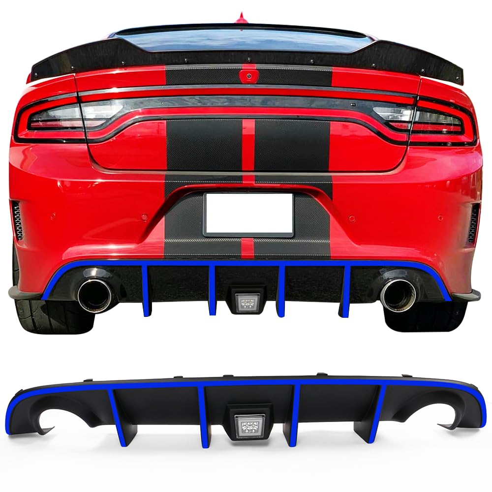 IKON MOTORSPORTS Rear Bumper Lip Diffuser with LED Brake Light & Blue Reflective Tape for 2015-2023 Dodge Charger SRT - Upgrade Your Car's Aerodynamics & Style for Street Racing & Show Car Events