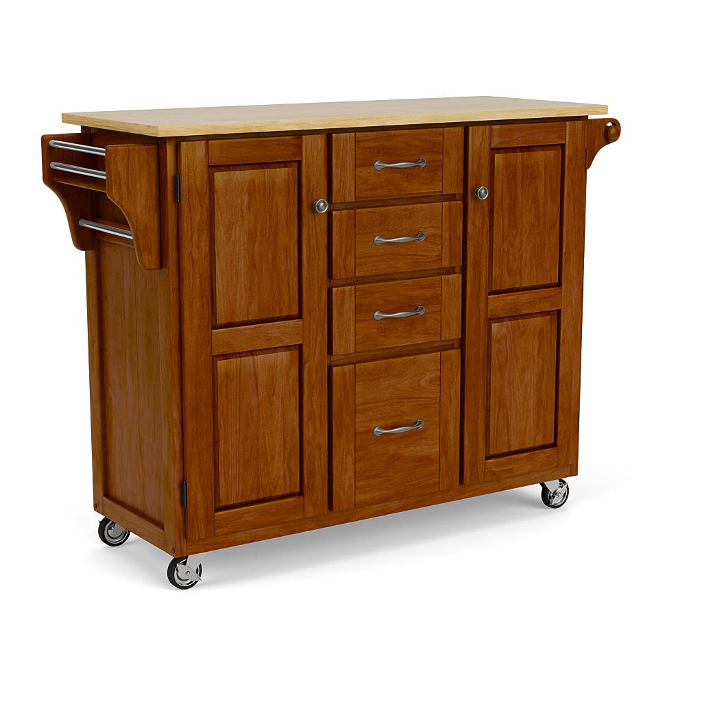 Home Styles Mobile Create-a-Cart 2-Door Kitchen Cabinet Cart with Cherry Finish & Adjustable Shelves - Natural Wood Top for Kitchen Storage, Dining Room, or Small Space Organization