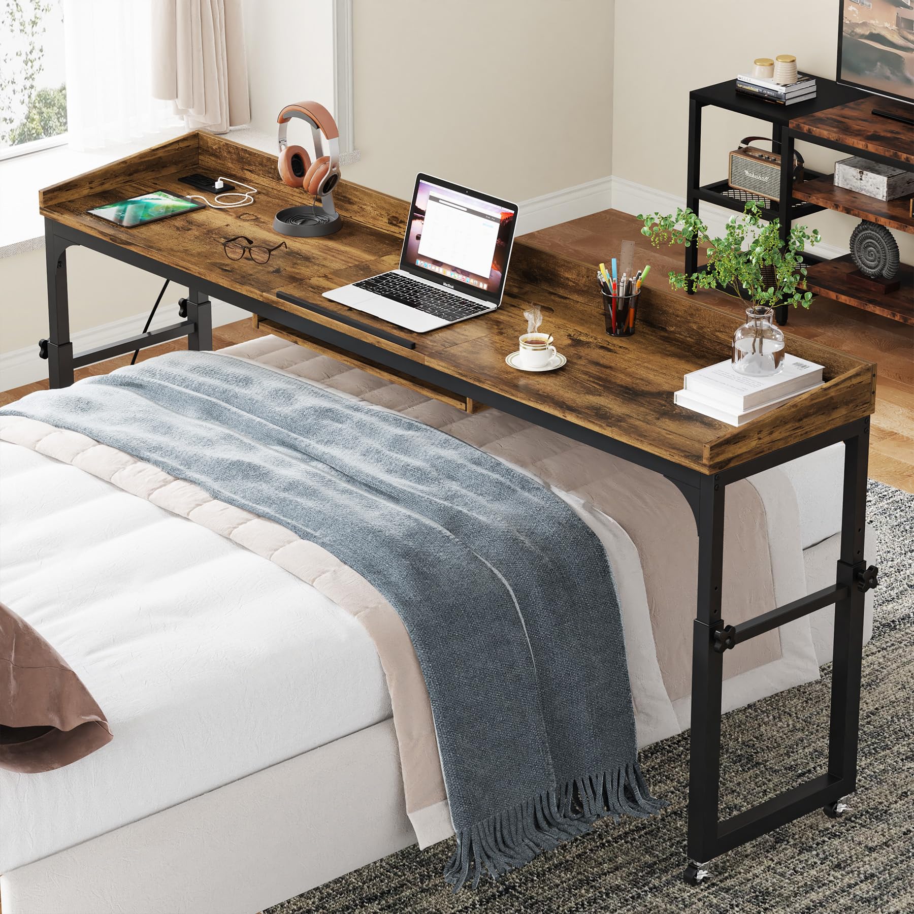 Tribesigns Adjustable Overbed Table with Wheels - Queen Size Mobile Laptop Desk with Tilt Stand, USB Ports & Power Outlets - Perfect for Hospital Beds, Home Office & Bedroom Workspace (Rustic Brown)
