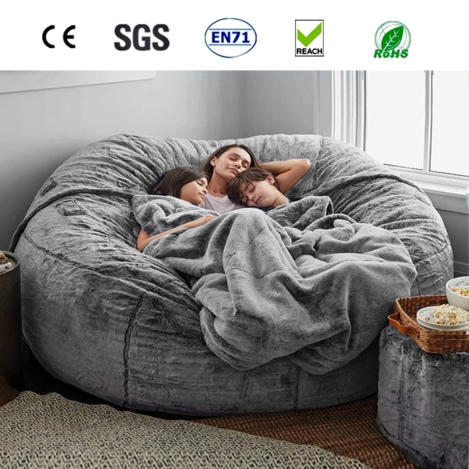 6ft 7ft Giant Bean Bag Chair for Kids & Adults - No Filler, Washable Jumbo Sofa Sack with Soft Faux Fur Cover - Perfect for Dorm, Family Room, Gaming & Movie Nights