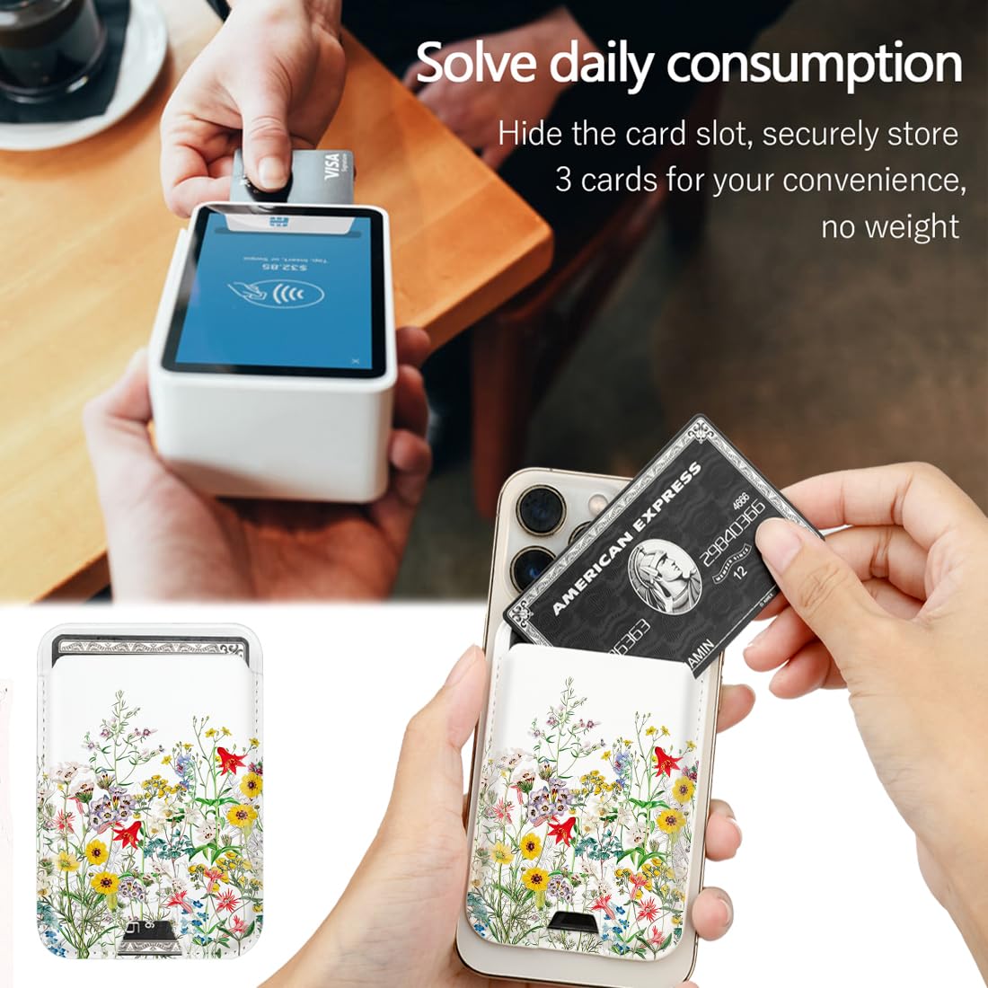 Magnetic MagSafe Wallet for iPhone 16/15/14/13/12 Pro Max/Plus/Mini - Detachable PU Leather Card Holder with Wildflowers Design | Slim RFID Blocking Wallet for Credit Cards & ID | Perfect for Travel, Shopping and Everyday Use
