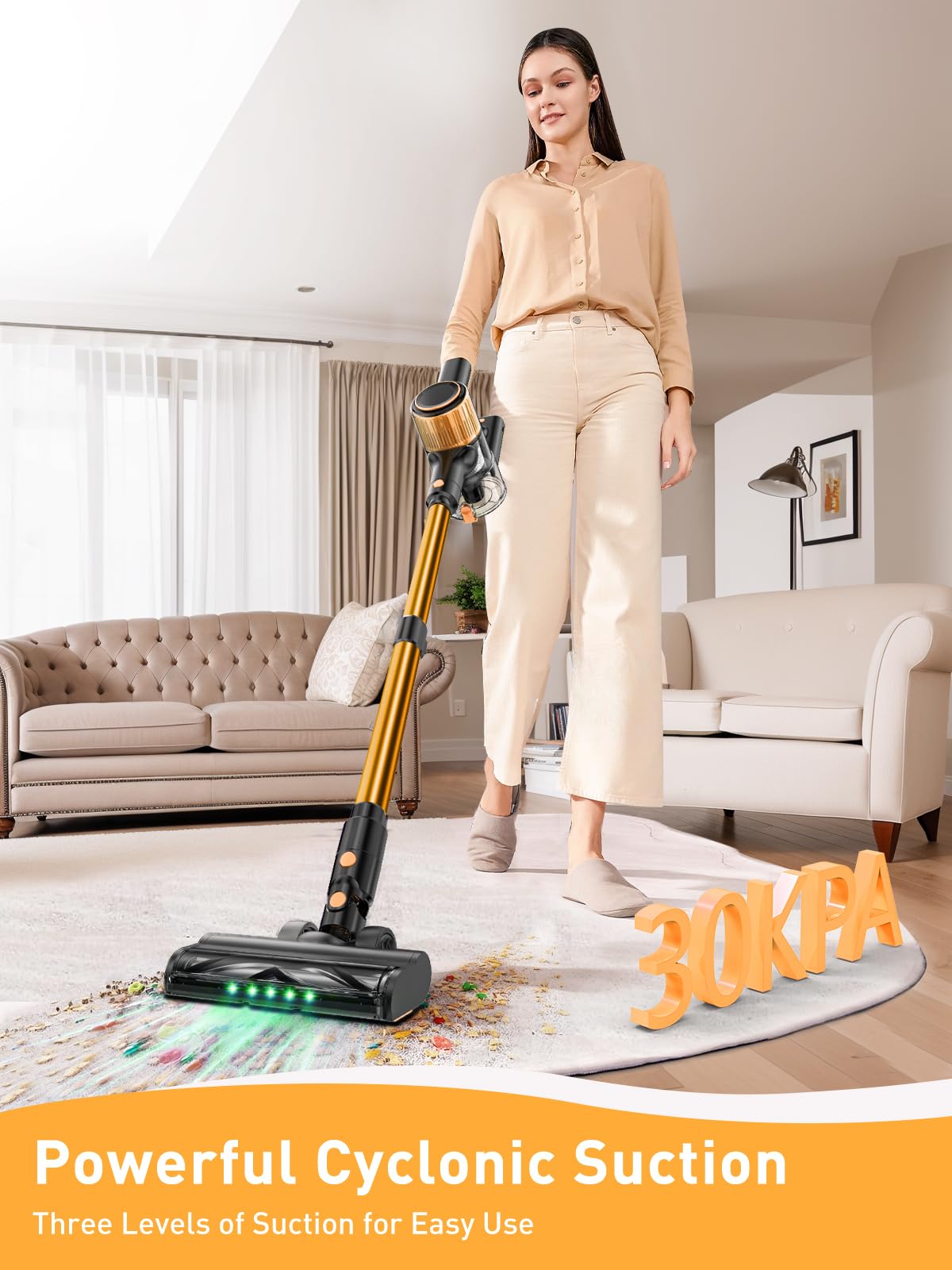 8-in-1 Cordless Stick Vacuum Cleaner 30Kpa with Anti-Tangle Brush & Green Light | 3 Cleaning Modes | 40 Min Runtime | Lightweight for Hardwood Floors & Pet Hair | Perfect for Home, Office & Car Cleaning