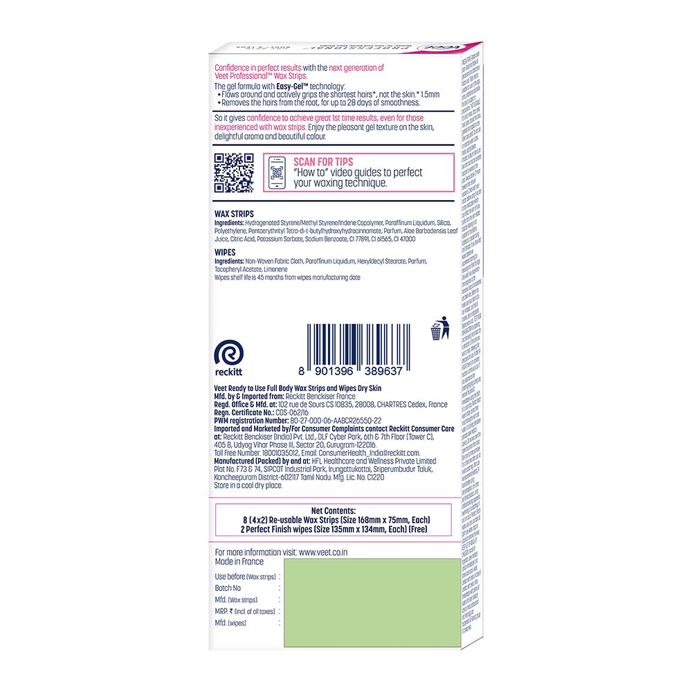 Veet Half Body Waxing Kit for Dry Skin - 8 Wax Strips, Hair Removal for Women, 1 Count | Smooth Legs, Arms & Underarms at Home