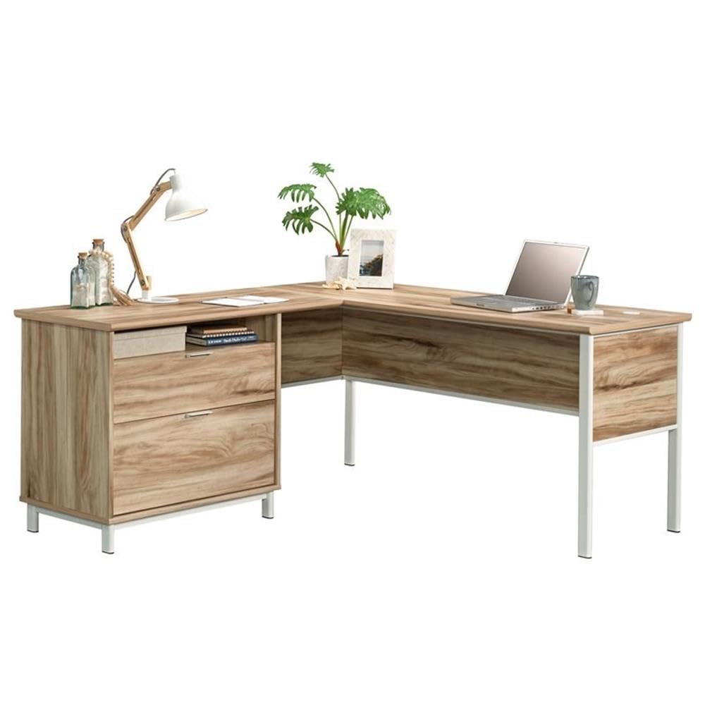 Pemberly Row Engineered Wood L-Shape Desk in Kiln Acacia Brown - Modern Home Office Desk for Small Spaces, Gaming & Study - Sturdy Workstation with Storage Shelf