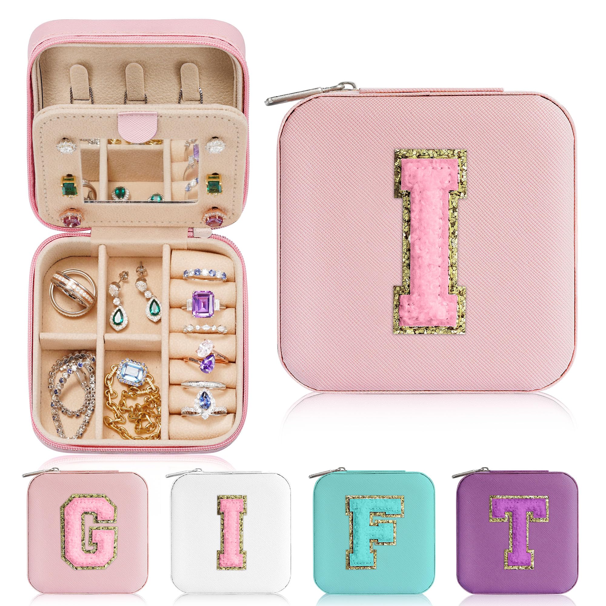 Parima Small Jewelry Box for Girls - Personalized Initial Jewelry Organizer (Letter I) | Pink Travel Jewelry Case for Necklaces, Rings & Earrings | Perfect for Gifts, Travel & Home Storage