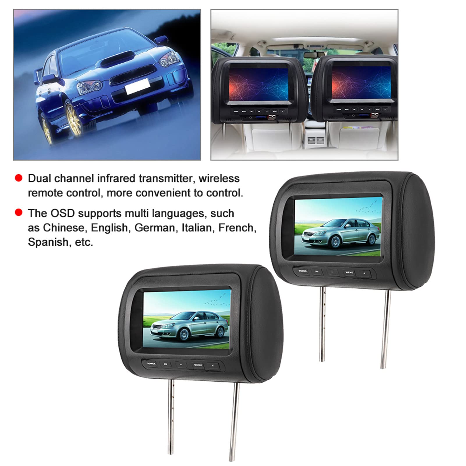 2 Pack 7 Inch Portable Car Headrest Video Player - Universal Car Monitor Headrest Display with AV Input for Kids & Family Entertainment - Perfect for Road Trips & Long Drives