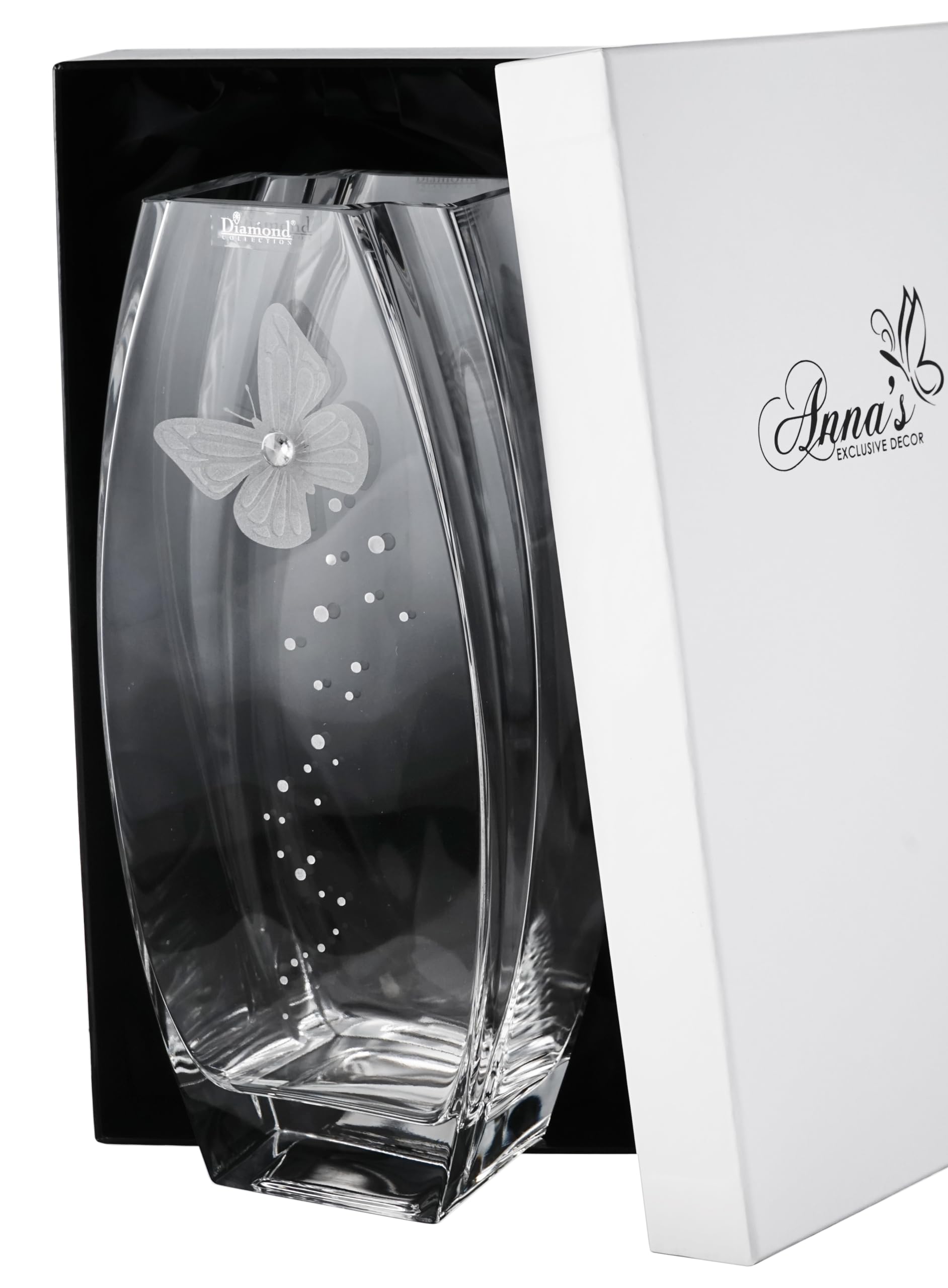 Luxury Handmade Butterfly Glass Vase with Swarovski Crystals & Etched Design - Elegant Satin-Lined Gift Box - Diamond Collection - 12.6 Inch (32 cm) Home Decor - Perfect for Wedding Centerpieces, Anniversary Gifts & Luxury Home Accents