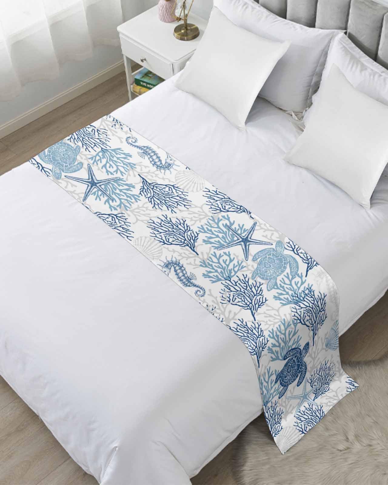 King Size Bed Runner - Navy Blue & Grey Coastal Bed Scarf Throw for Foot of Bed | Sea Turtle Nautical Coral Design | Summer Beach Bedding Protector Slipcover | 94 x 20 Inches | Perfect for Hotels, Resorts & Coastal Home Decor